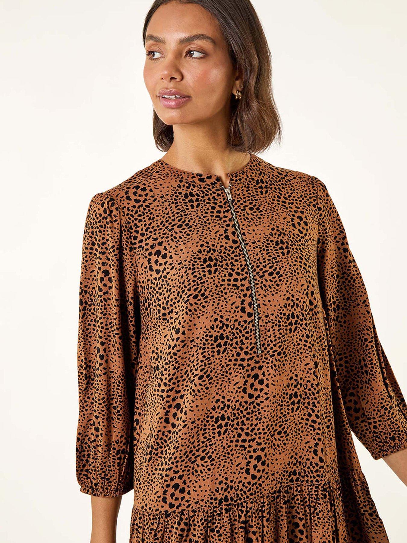  image of roman-spot-print-zip-front-dress-tan