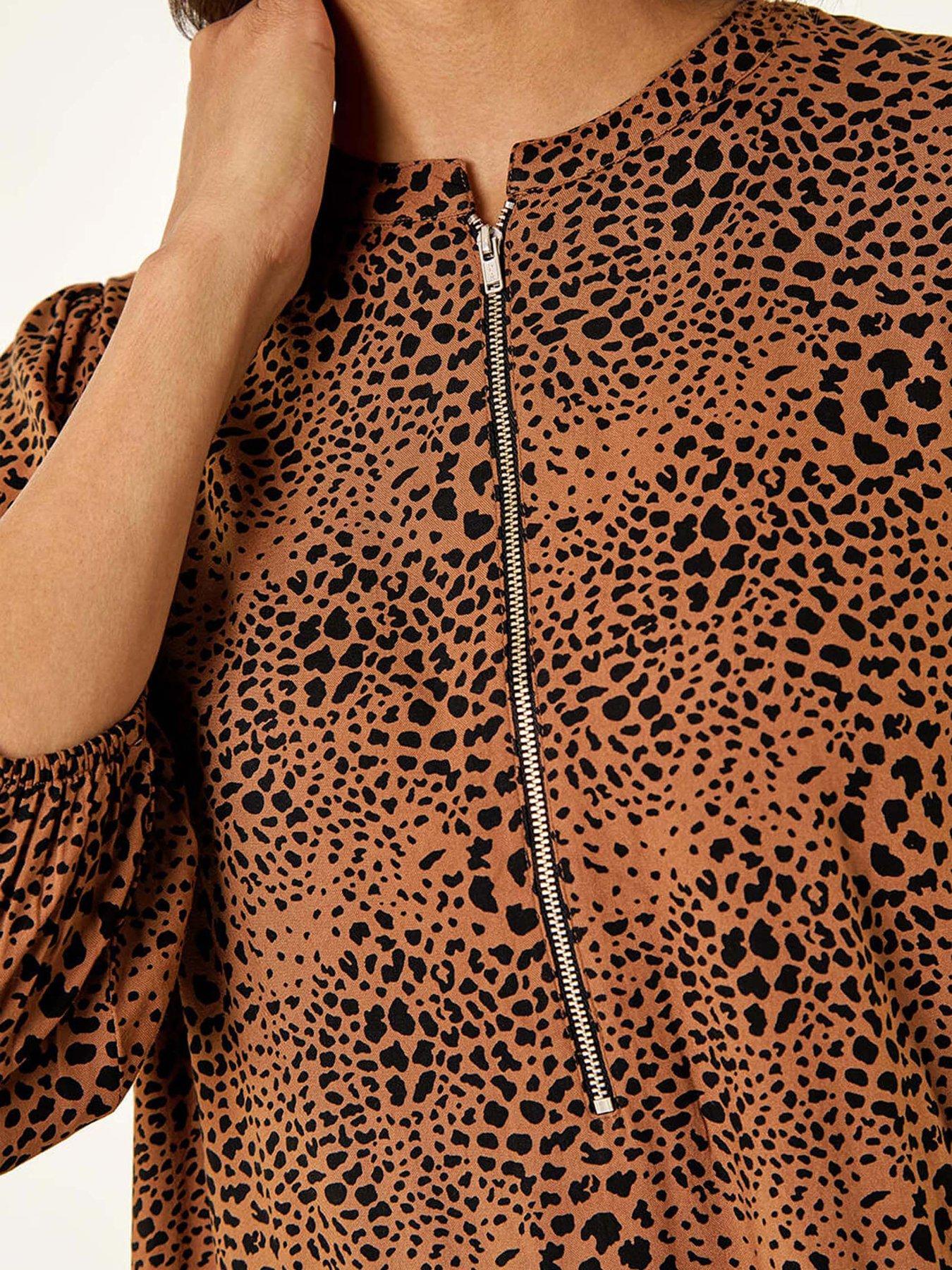  image of roman-spot-print-zip-front-dress-tan