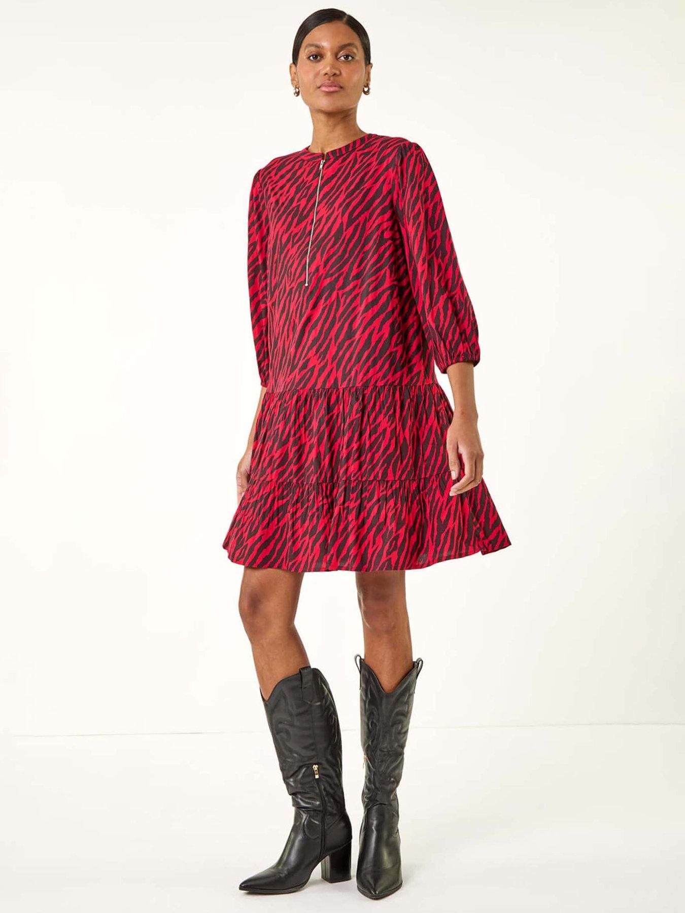 Roman Animal Print Zip Front Dress - Red