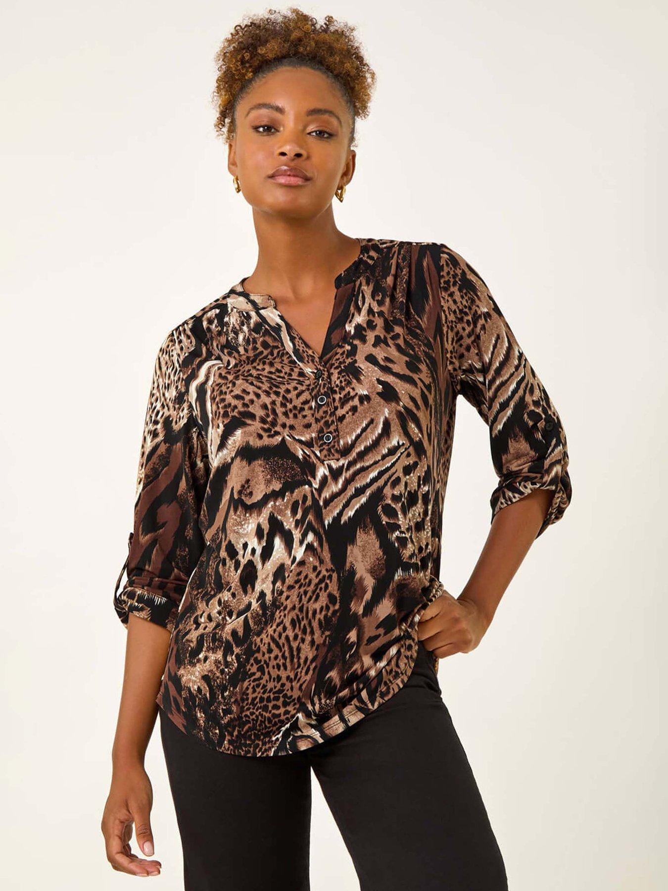 Image 1 of 5 of Roman Animal Puff Print Stretch Top - Brown