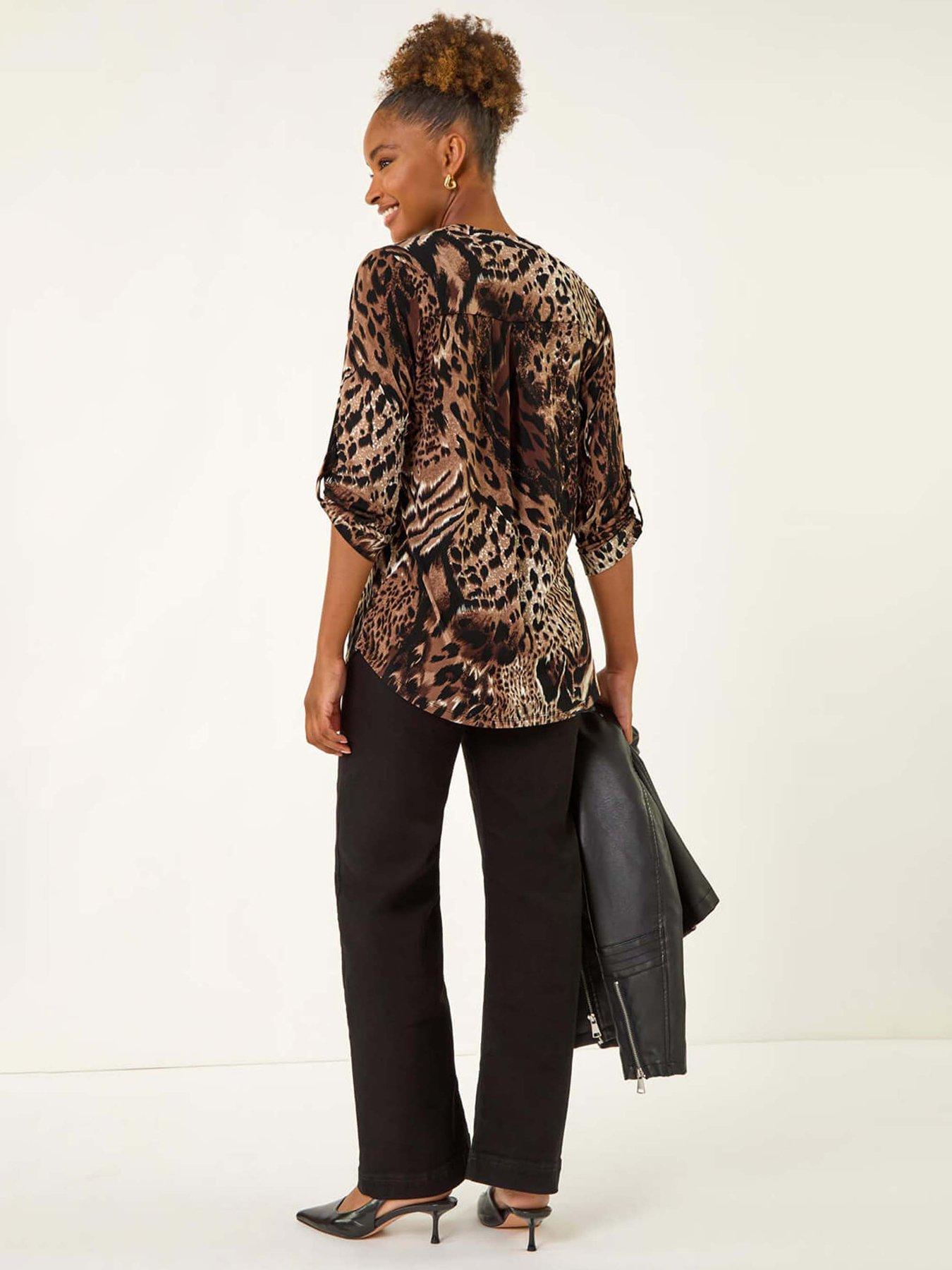 Image 2 of 5 of Roman Animal Puff Print Stretch Top - Brown