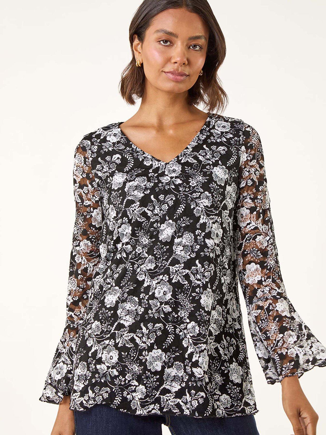 undefined Floral Print V-neck Top - Black