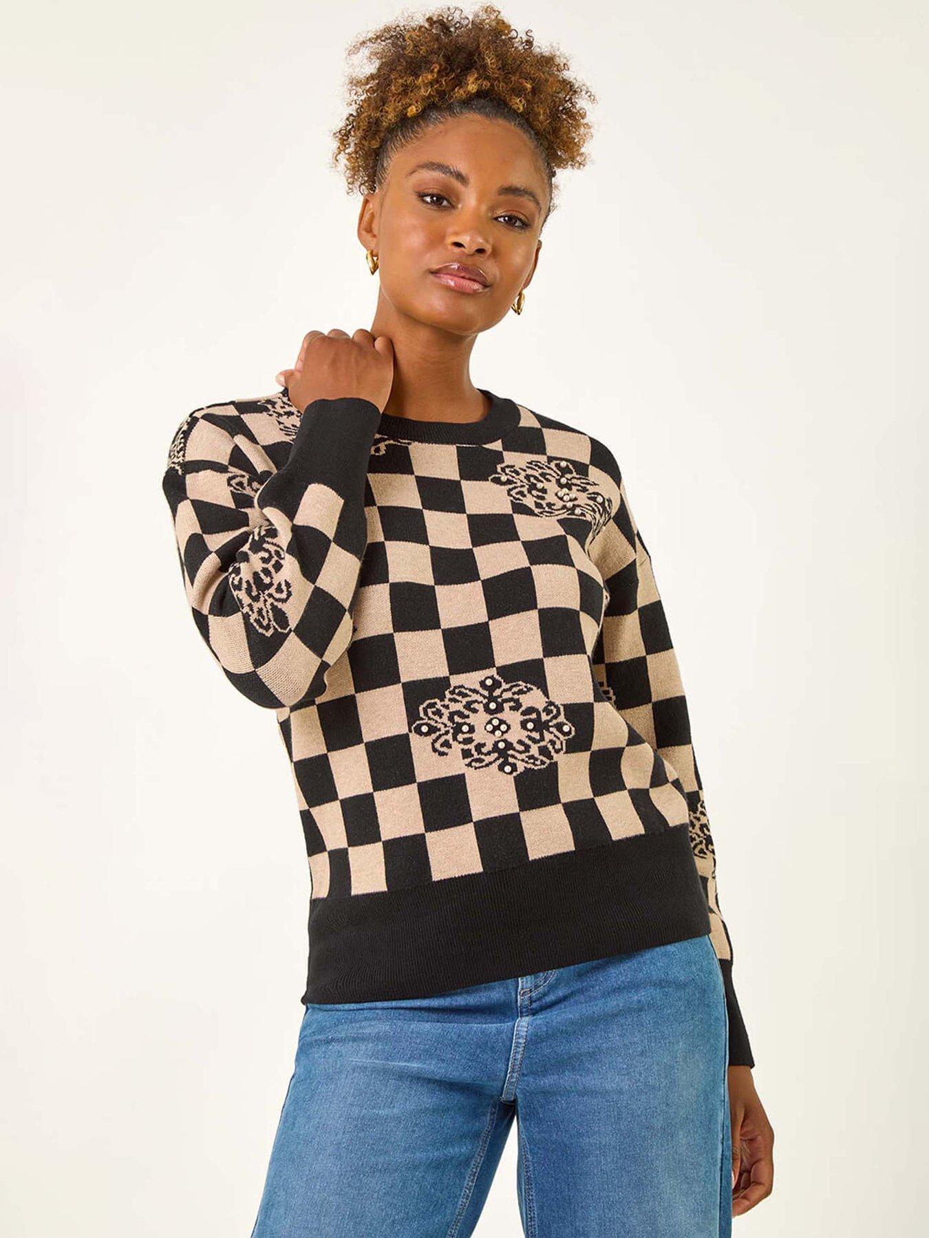  image of roman-checkered-pearl-embellished-knit-jumper-black