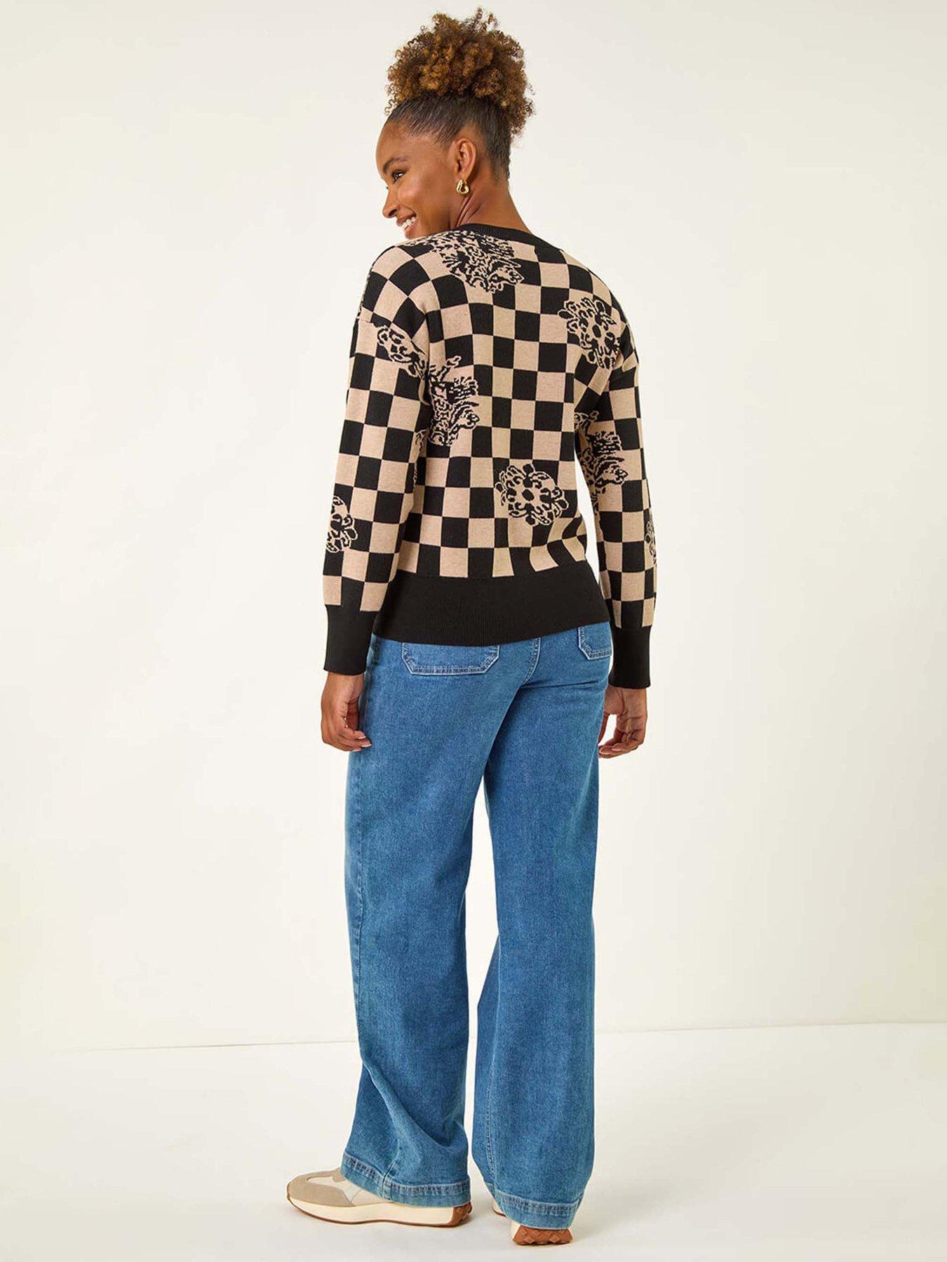  image of roman-checkered-pearl-embellished-knit-jumper-black