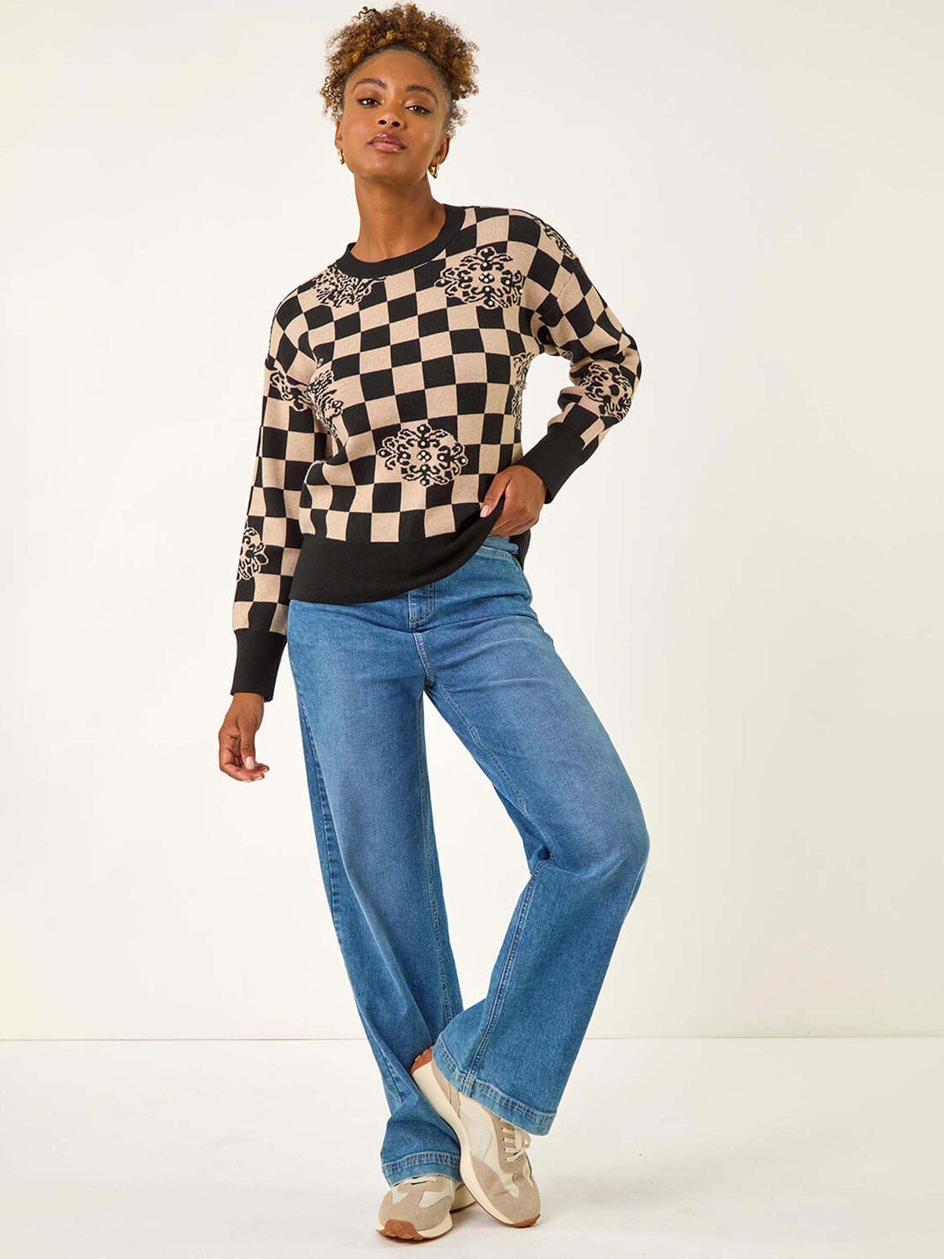  image of roman-checkered-pearl-embellished-knit-jumper-black