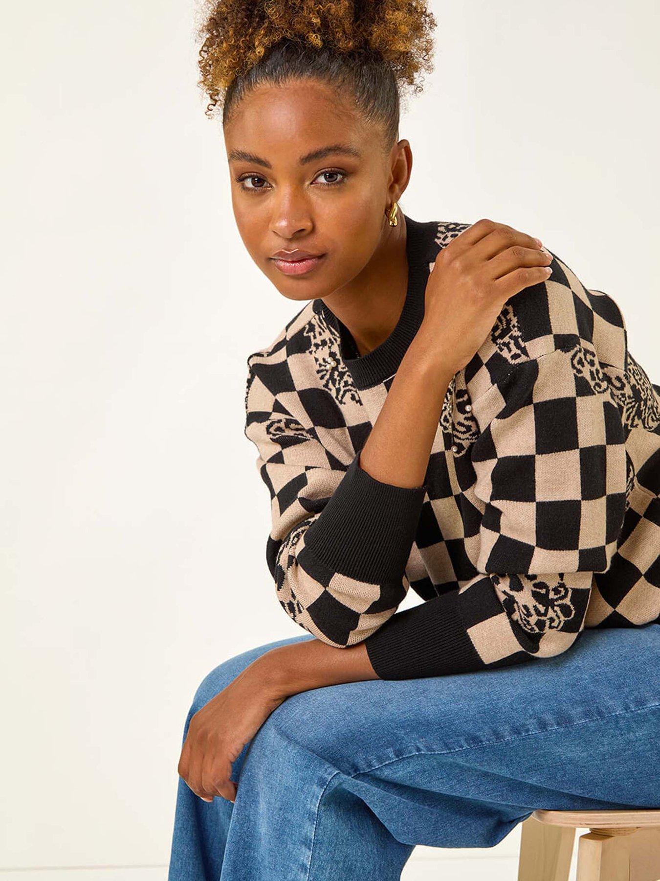  image of roman-checkered-pearl-embellished-knit-jumper-black
