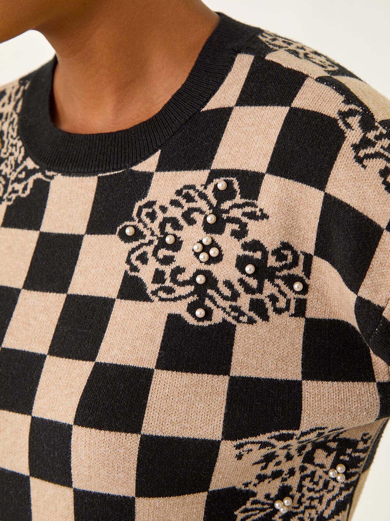  image of roman-checkered-pearl-embellished-knit-jumper-black