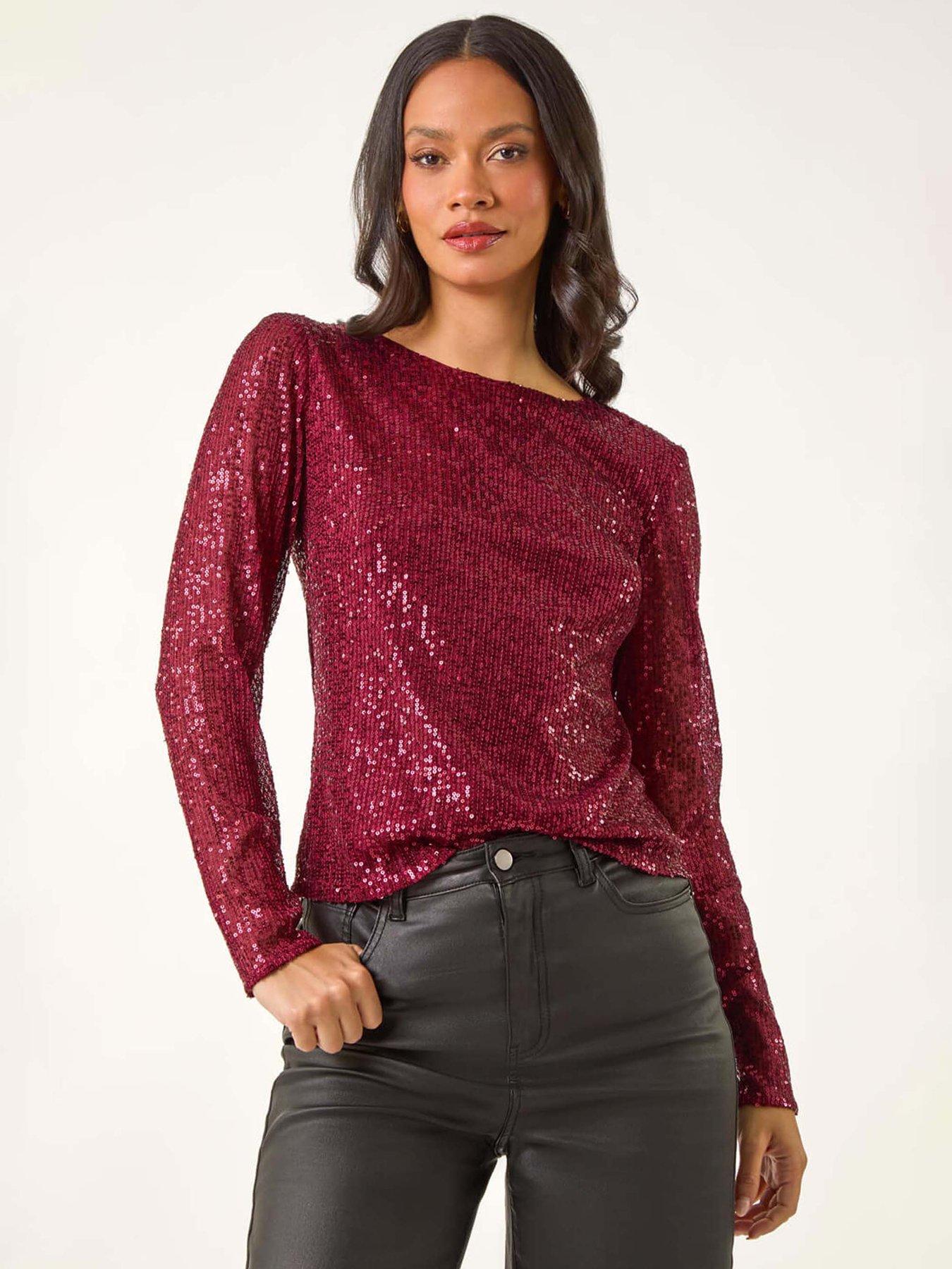 Roman Dusk Sequin Long Sleeve Stretch Top - Burgundy