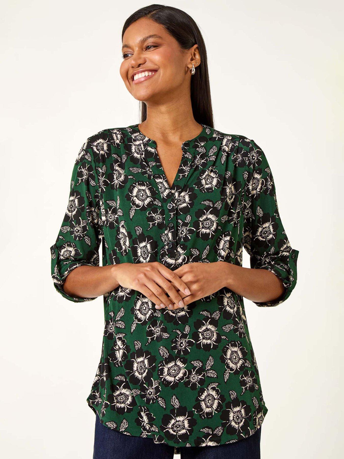 Image 1 of 5 of Roman Floral Puff Print Stretch Shirt - Green