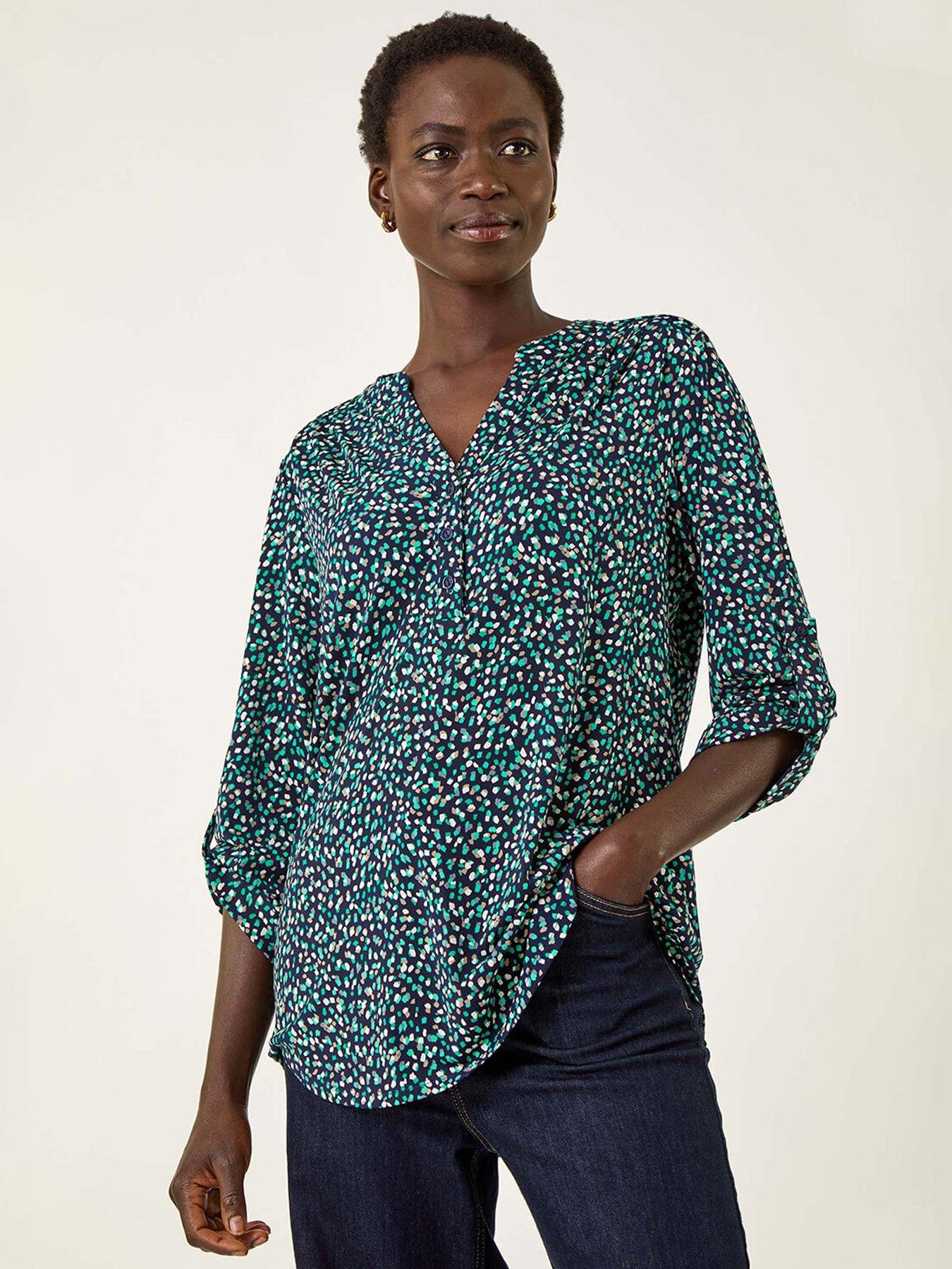 Roman Abstract Puff Print Stretch Top - Green