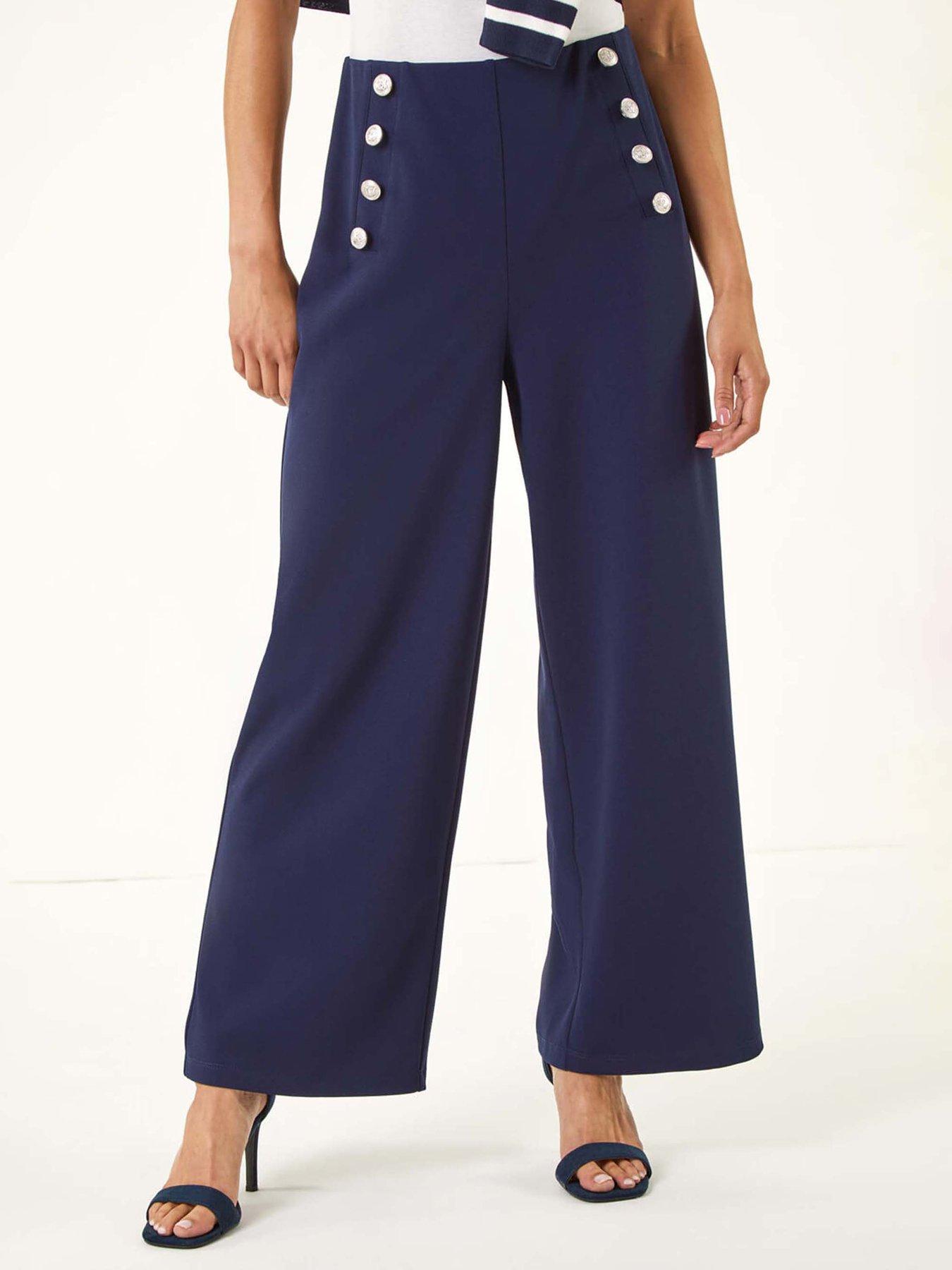 undefined Petite Button Detail Wide Leg Trouser - Navy