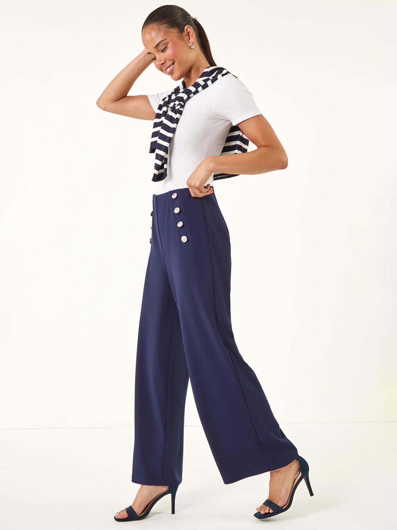  image of roman-petite-button-detail-wide-leg-trouser-navy