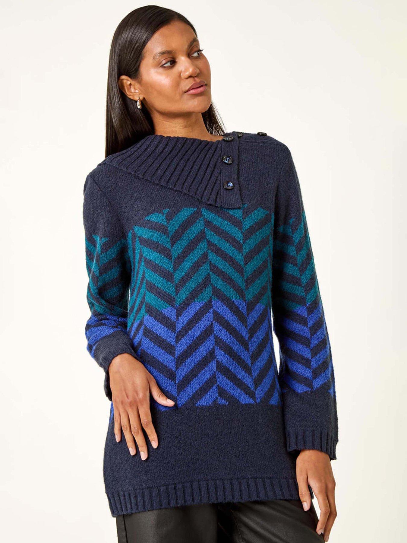 undefined Stripe Roll Neck Knit Jumper - Navy