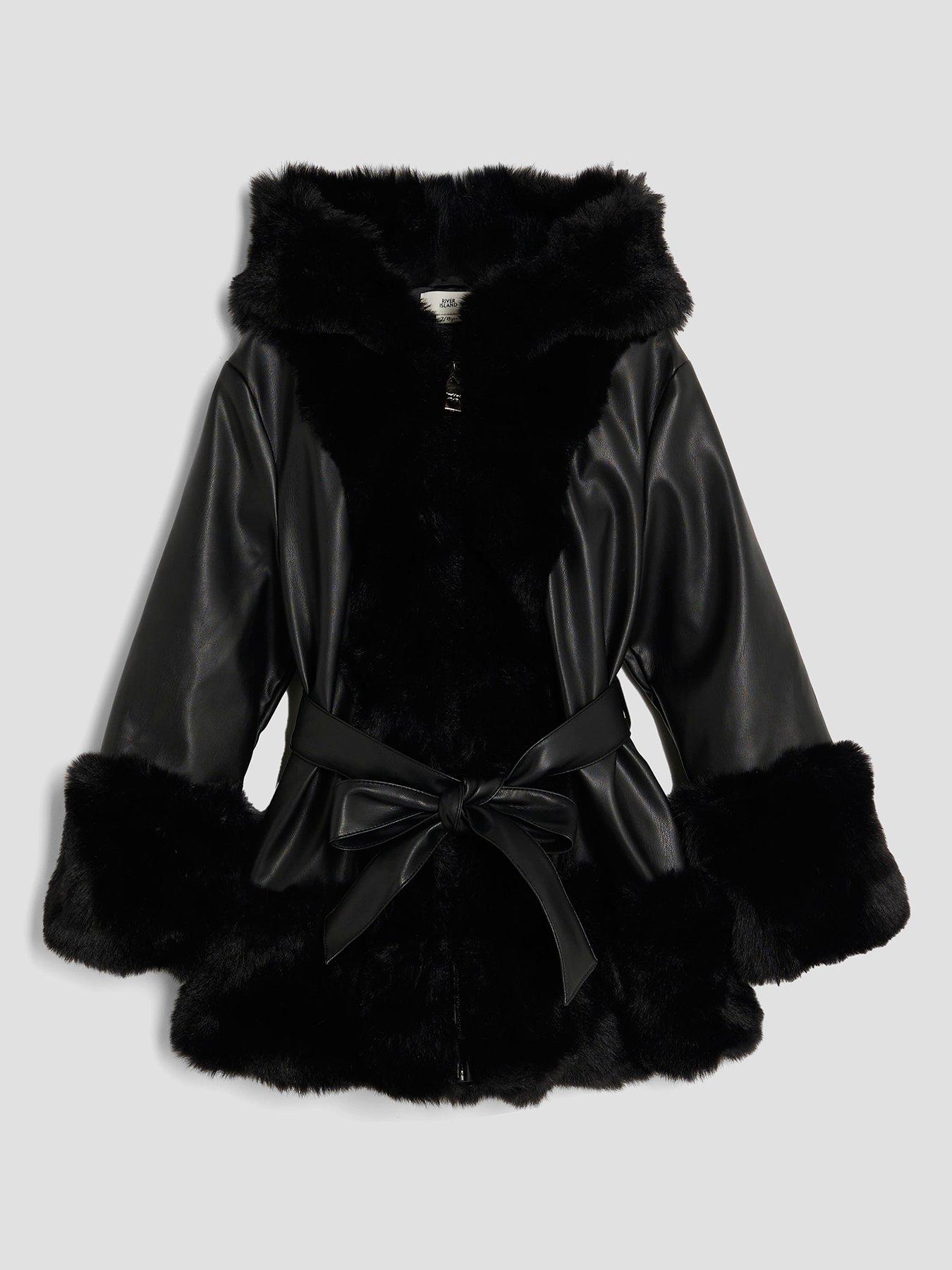  image of river-island-older-girls-faux-fur-wrap-hooded-coat-black