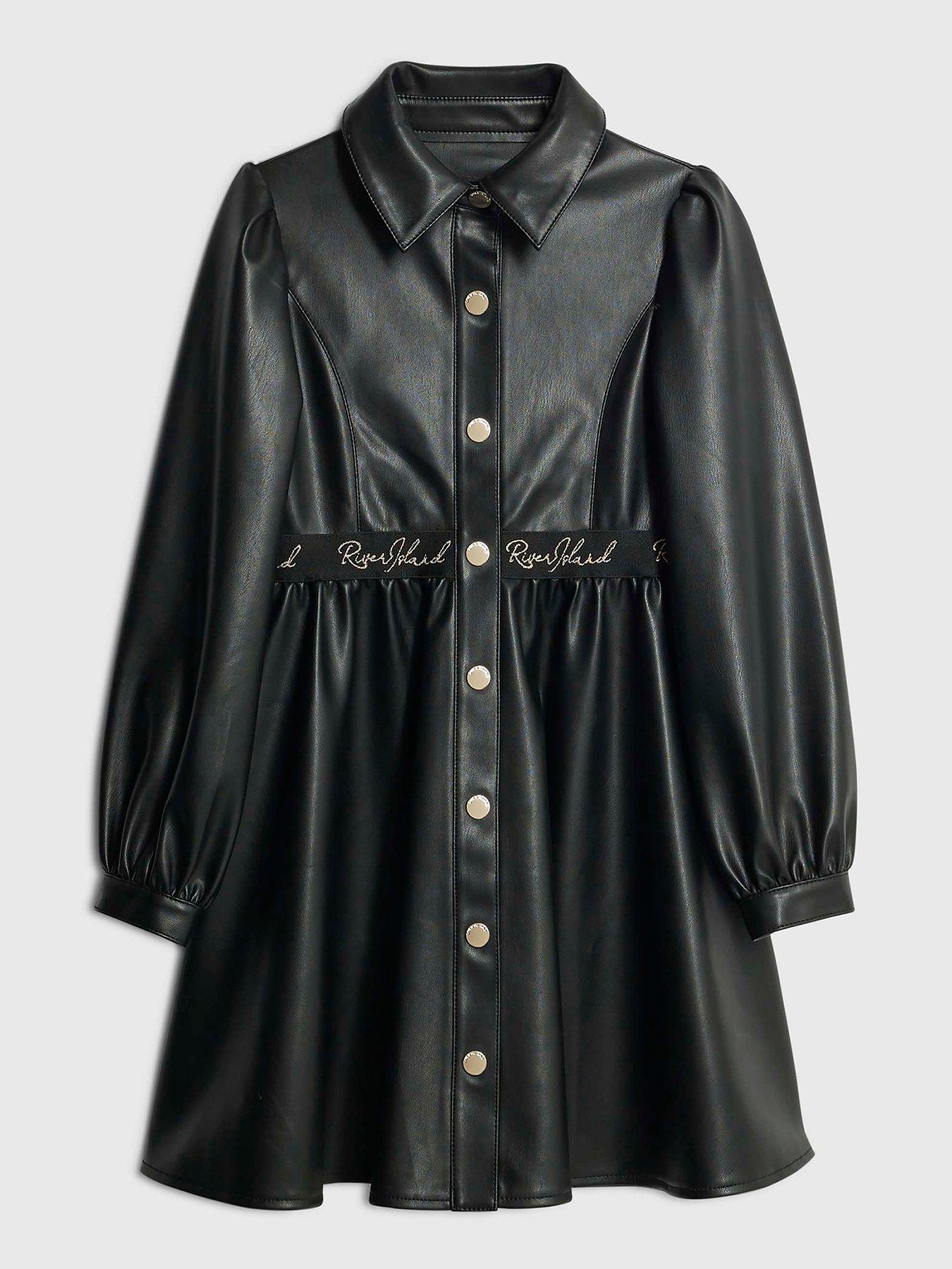 Image 1 of 4 of River Island Older Girls Faux Leather Shirt Dress - Black