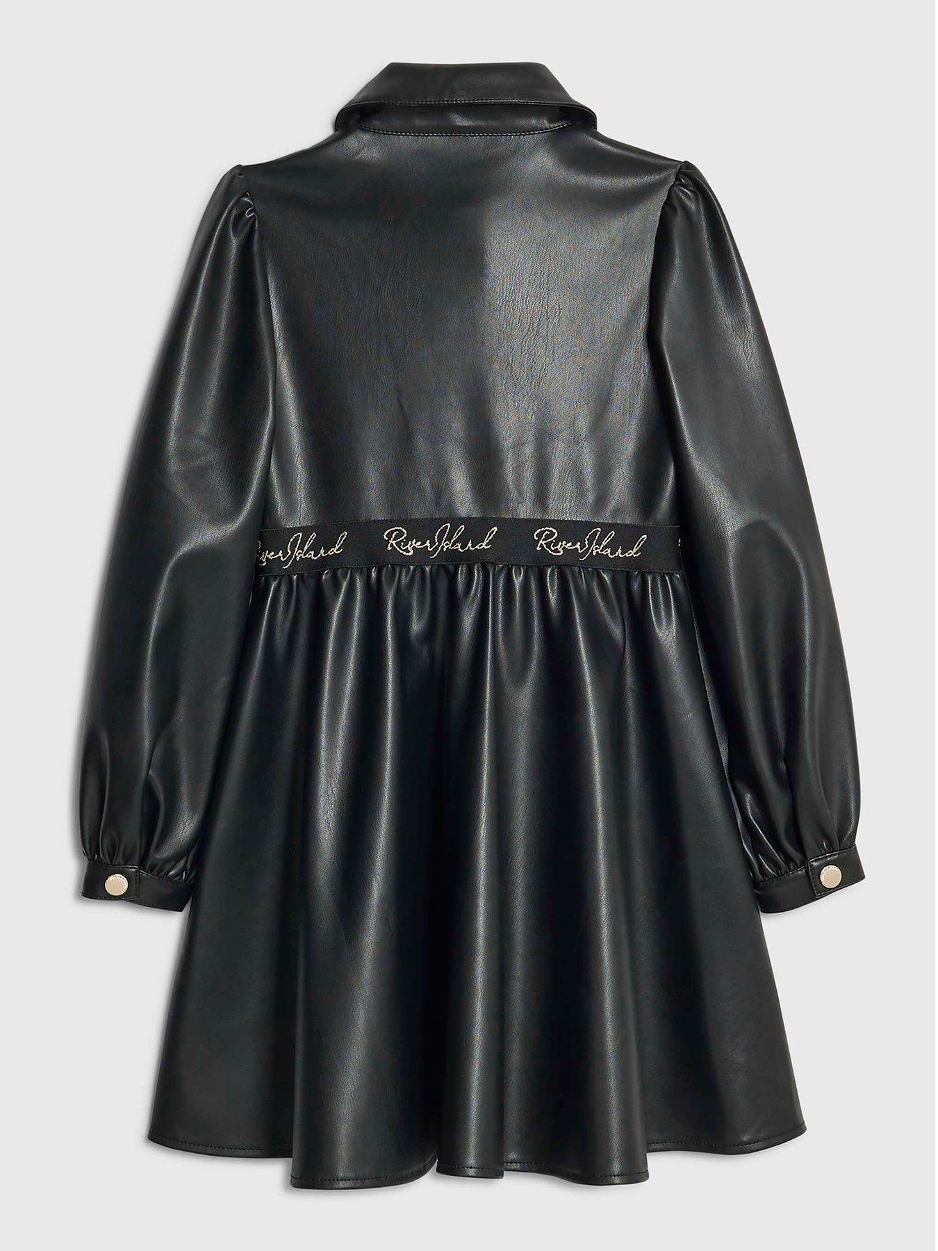 Image 2 of 4 of River Island Older Girls Faux Leather Shirt Dress - Black