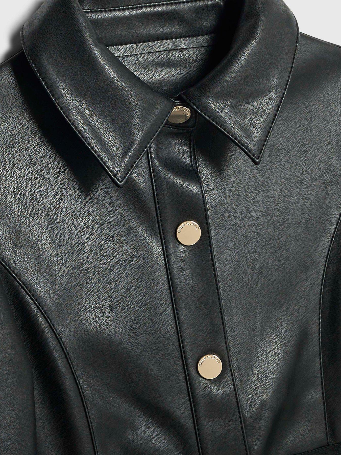 Image 3 of 4 of River Island Older Girls Faux Leather Shirt Dress - Black