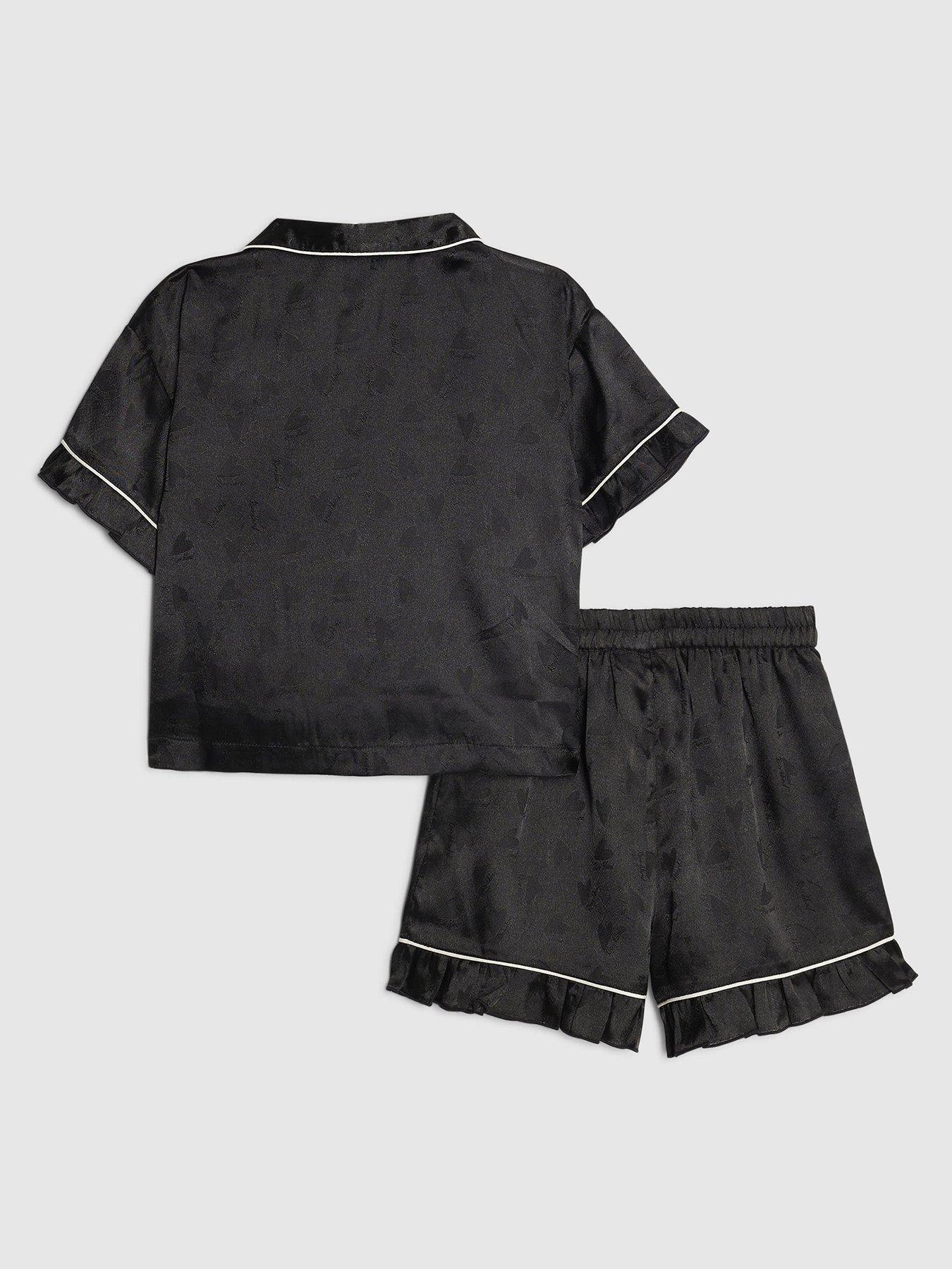 Image 2 of 5 of River Island Older Girls Satin Heart Pyjama Set - Black
