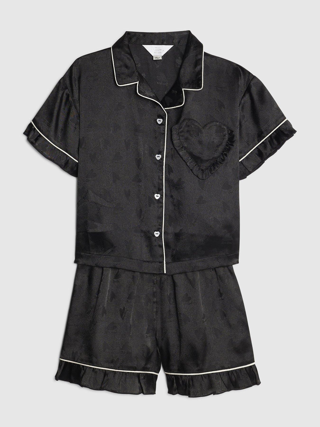 Image 3 of 5 of River Island Older Girls Satin Heart Pyjama Set - Black