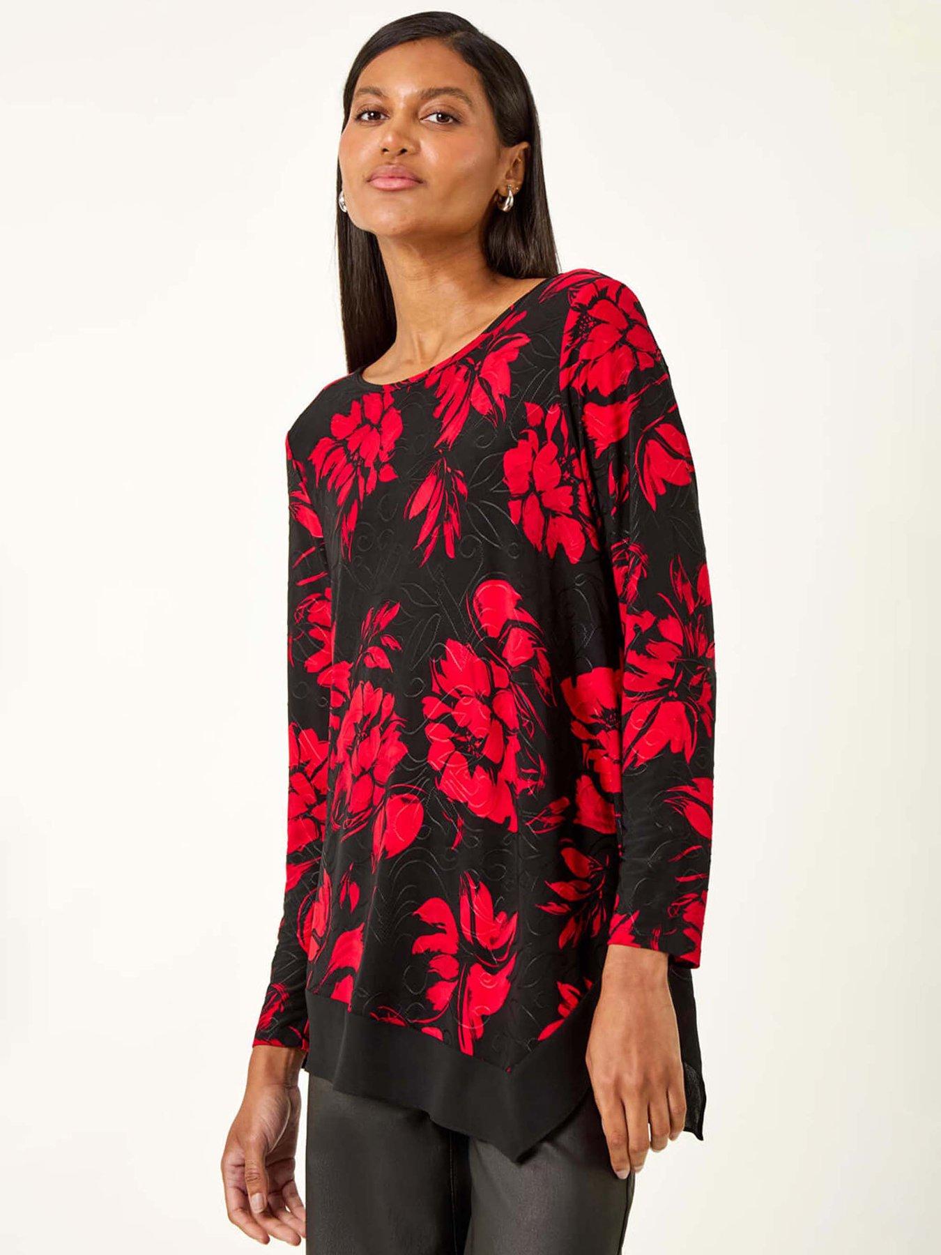  image of roman-floral-jacquard-chiffon-hem-top-red
