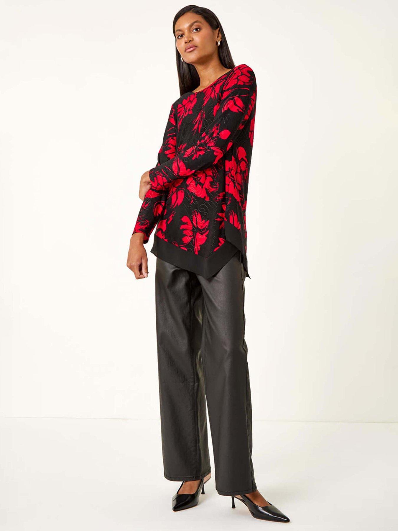  image of roman-floral-jacquard-chiffon-hem-top-red