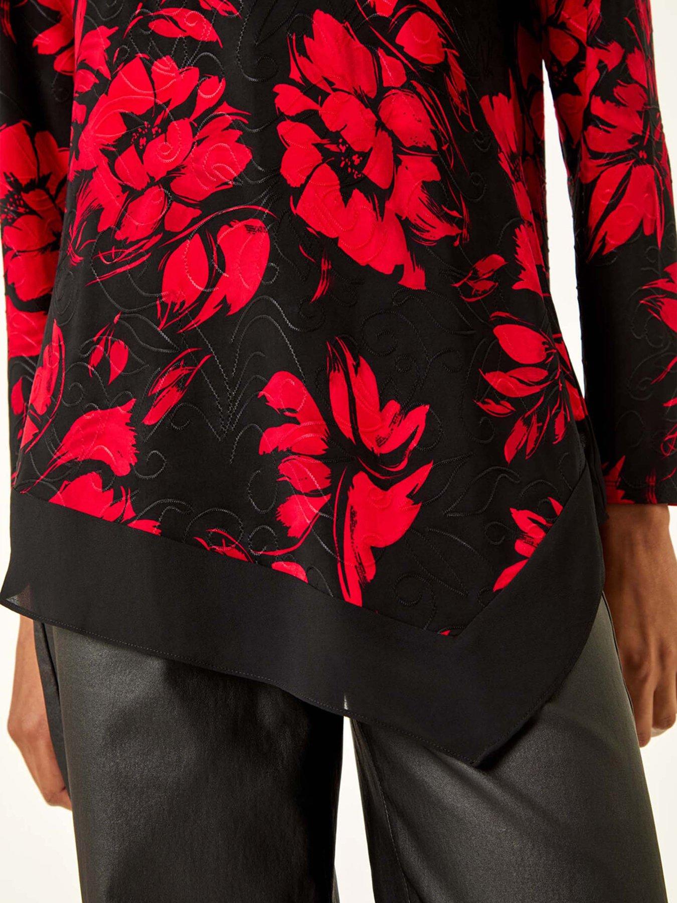  image of roman-floral-jacquard-chiffon-hem-top-red
