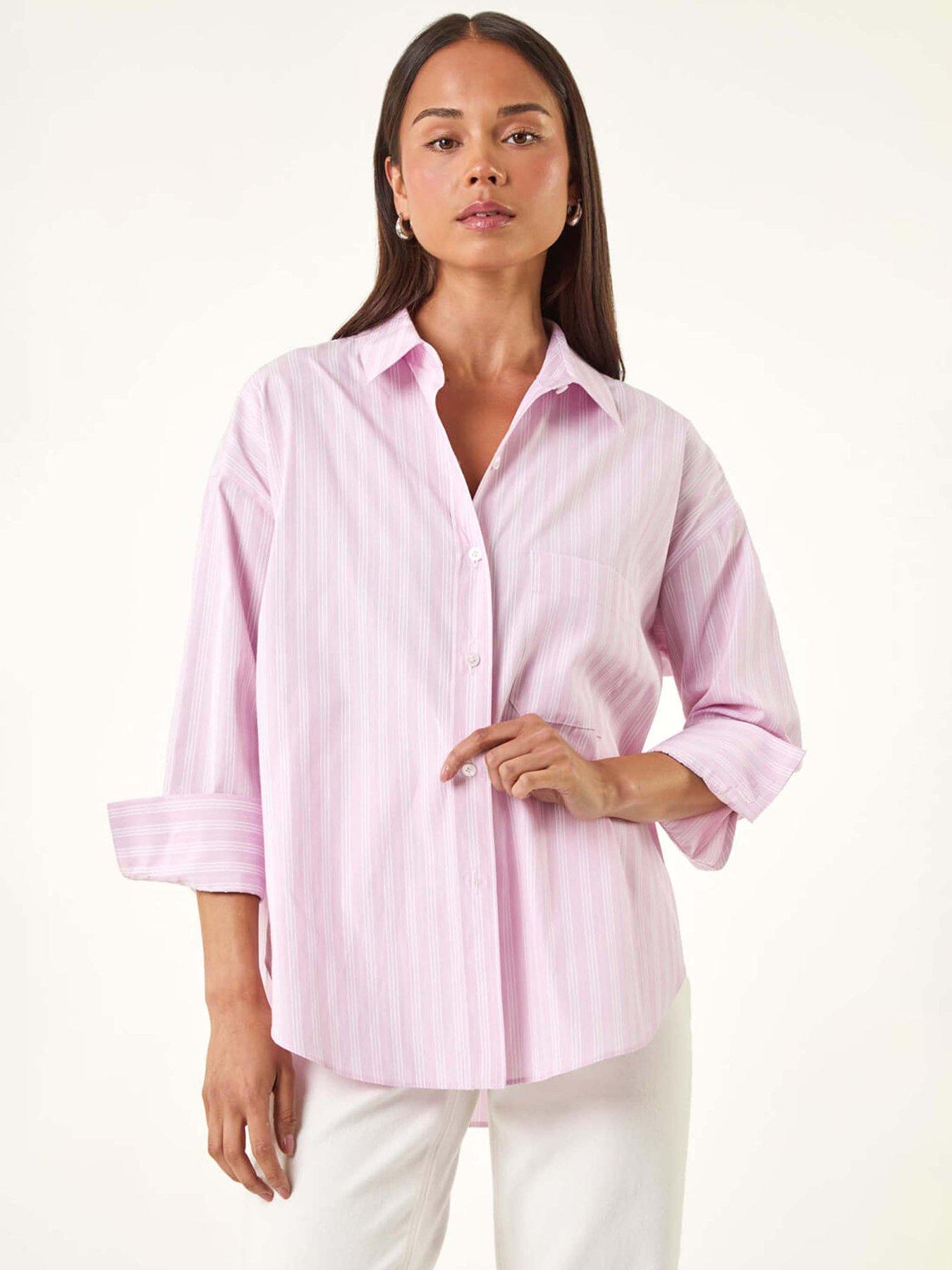 undefined Petite Stripe Buttoned Pocket Front Shirt - Pink