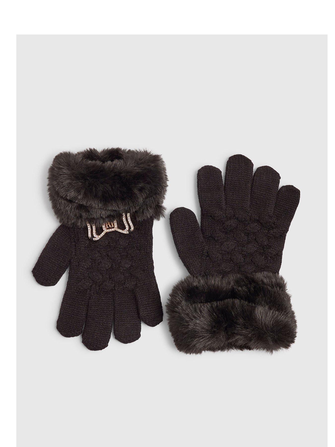 river-island-older-girls-bow-knitted-faux-fur-trim-gloves-black