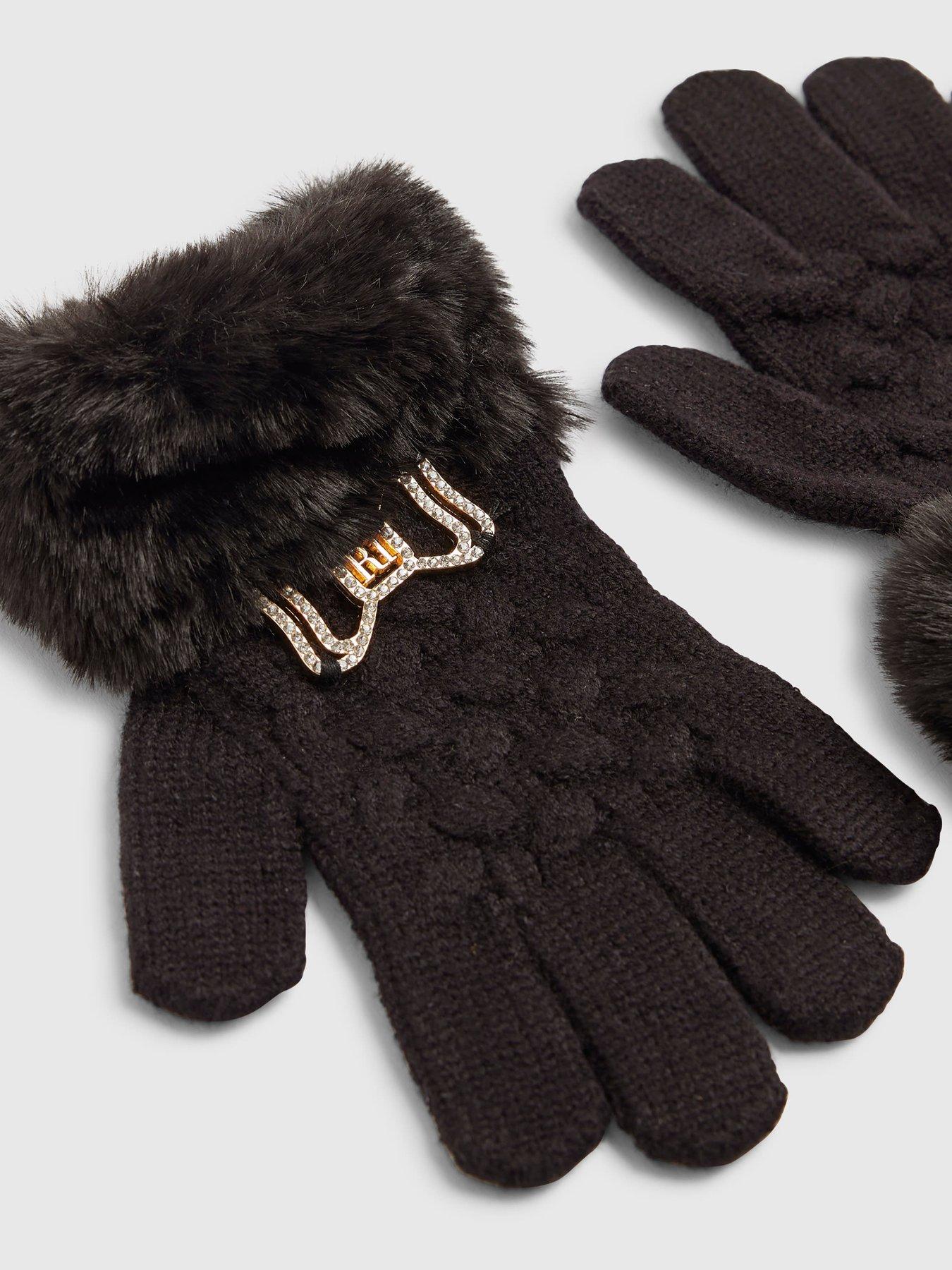  image of river-island-older-girls-bow-knitted-faux-fur-trim-gloves-black