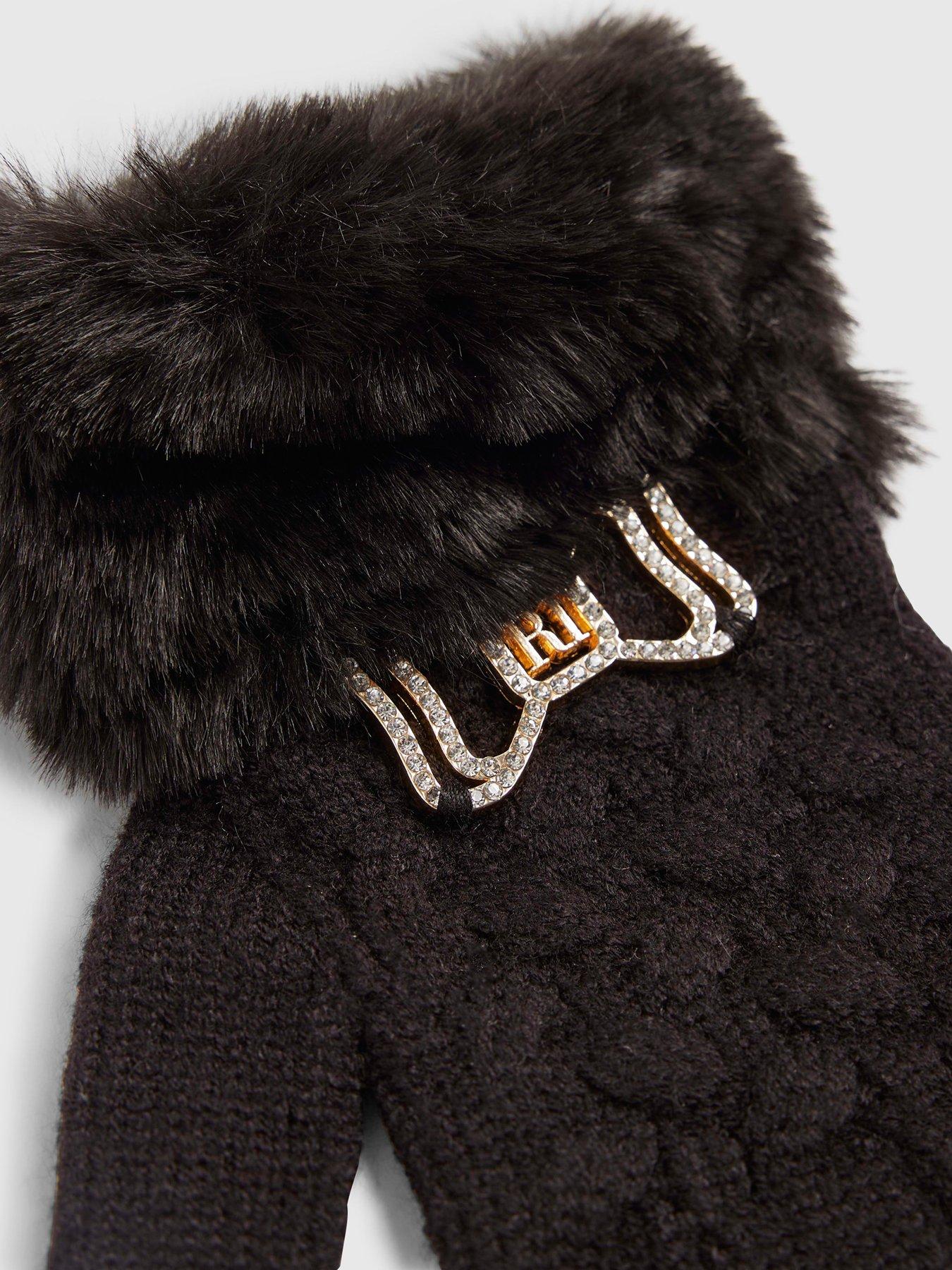  image of river-island-older-girls-bow-knitted-faux-fur-trim-gloves-black