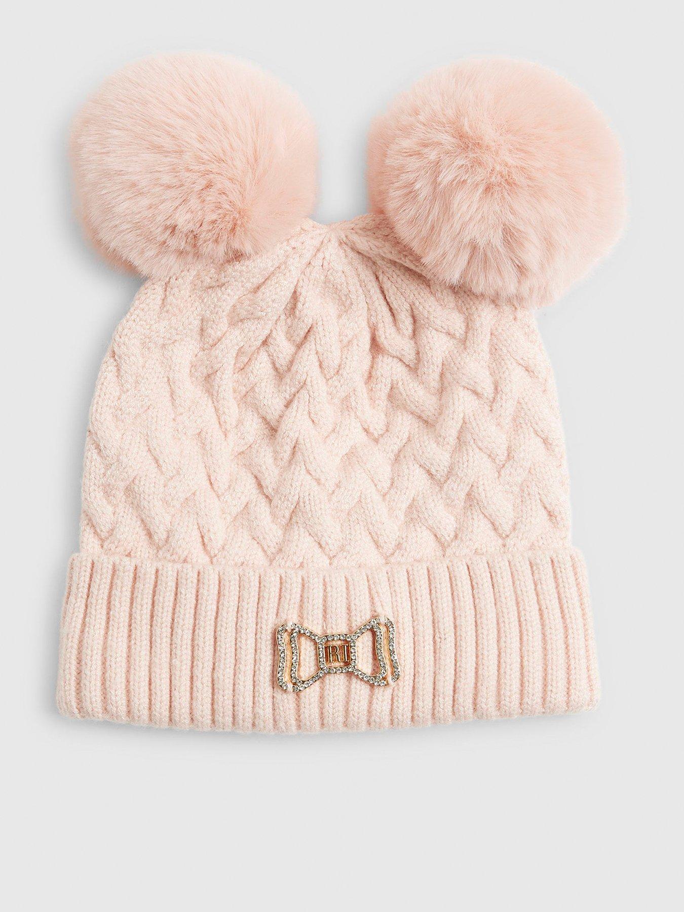 River Island Mini Girls Double Pom Bow Beanie - Pink