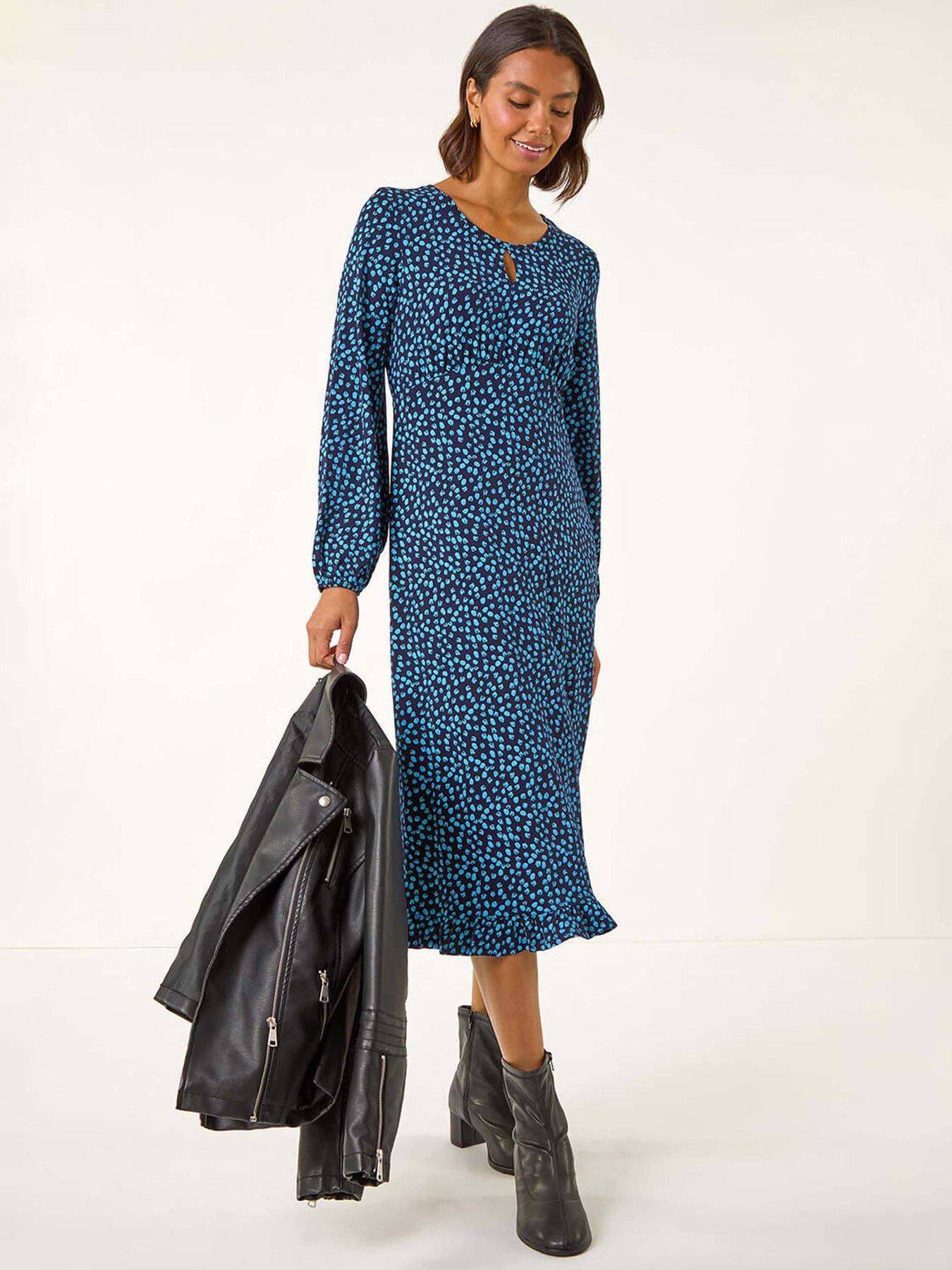undefined Spot Print Keyhole Midi Dress - Blue