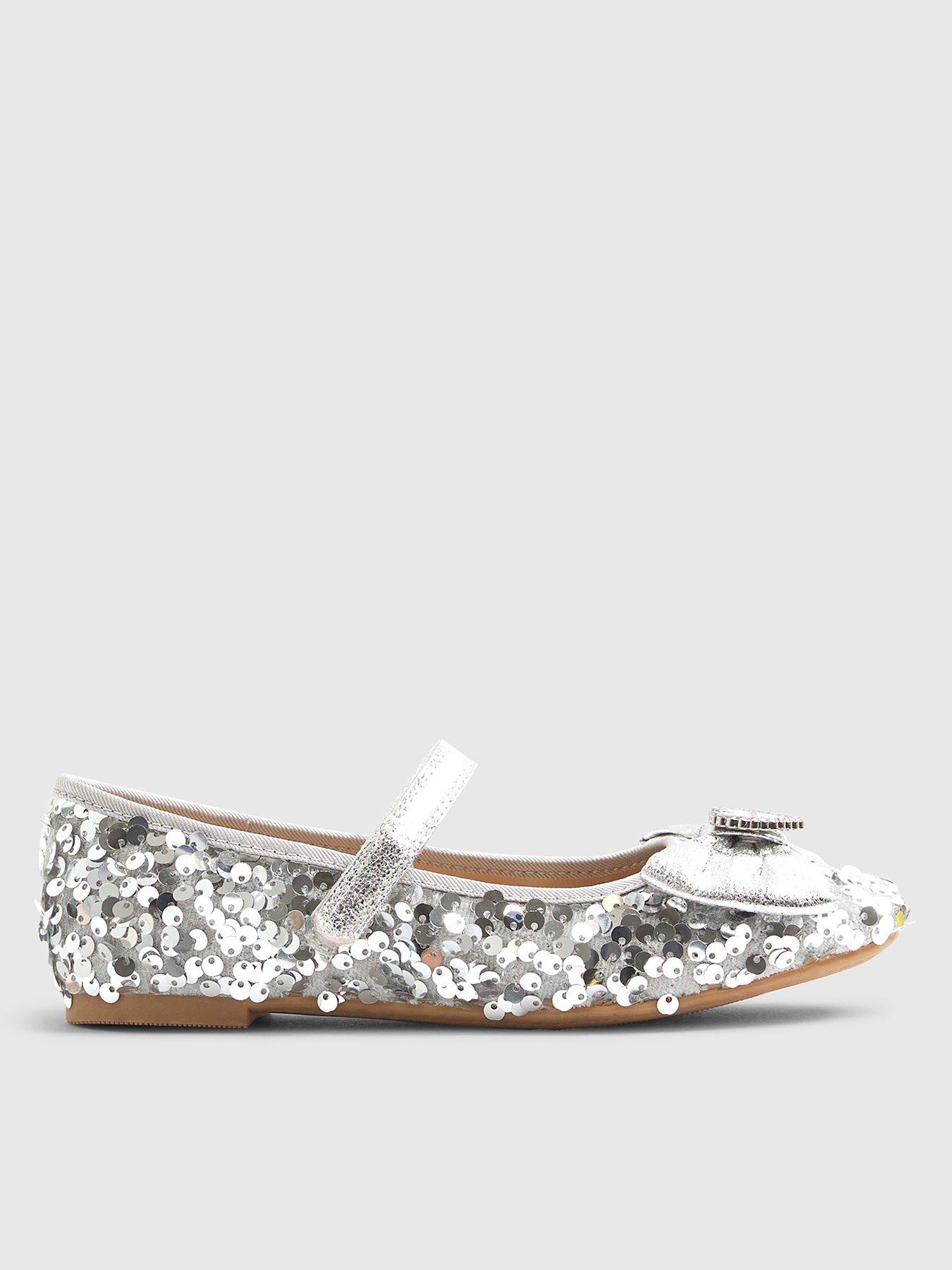 River Island Older Girls Bow Sequin Ballet Pumps - Silver