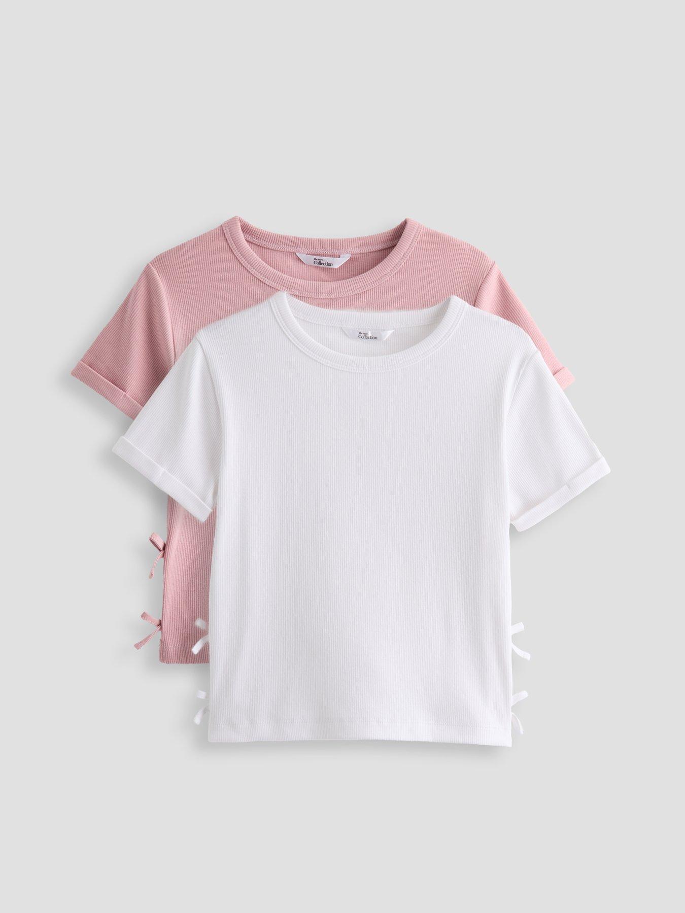 The Very Collection Girls 2 Pack Side Bow Rib T-Shirts - Pink/White