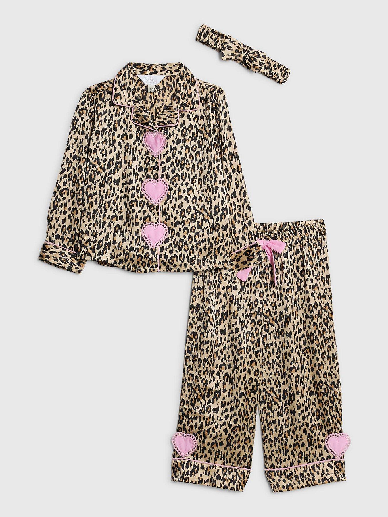 River Island Mini Girls Leopard Heart Pyjamas Set With Scrunchie - Brown