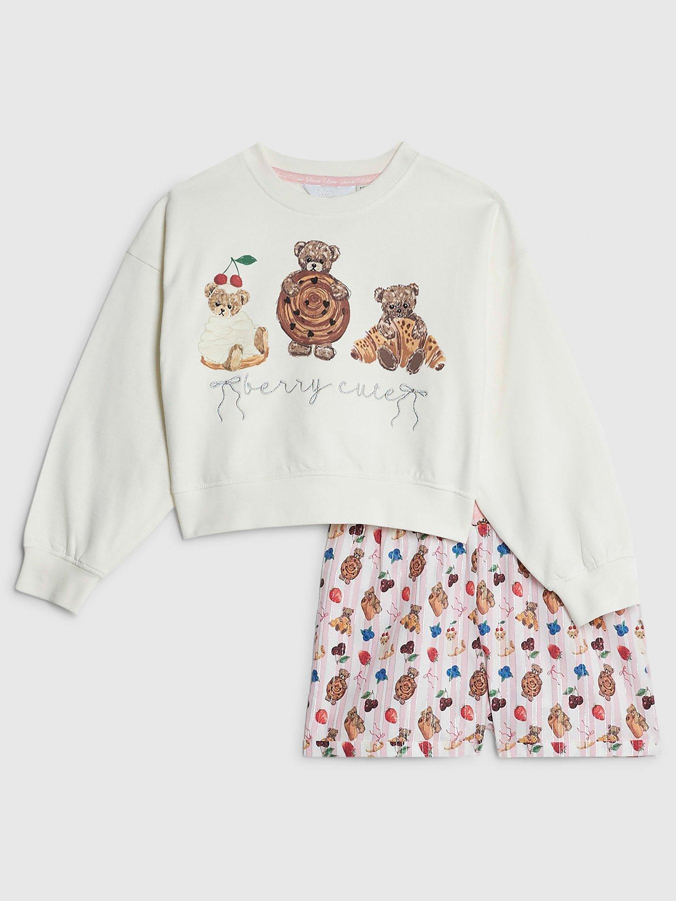 Image 1 of 5 of River Island Mini Mini Girls Pastry Bear Pyjama Set - Cream