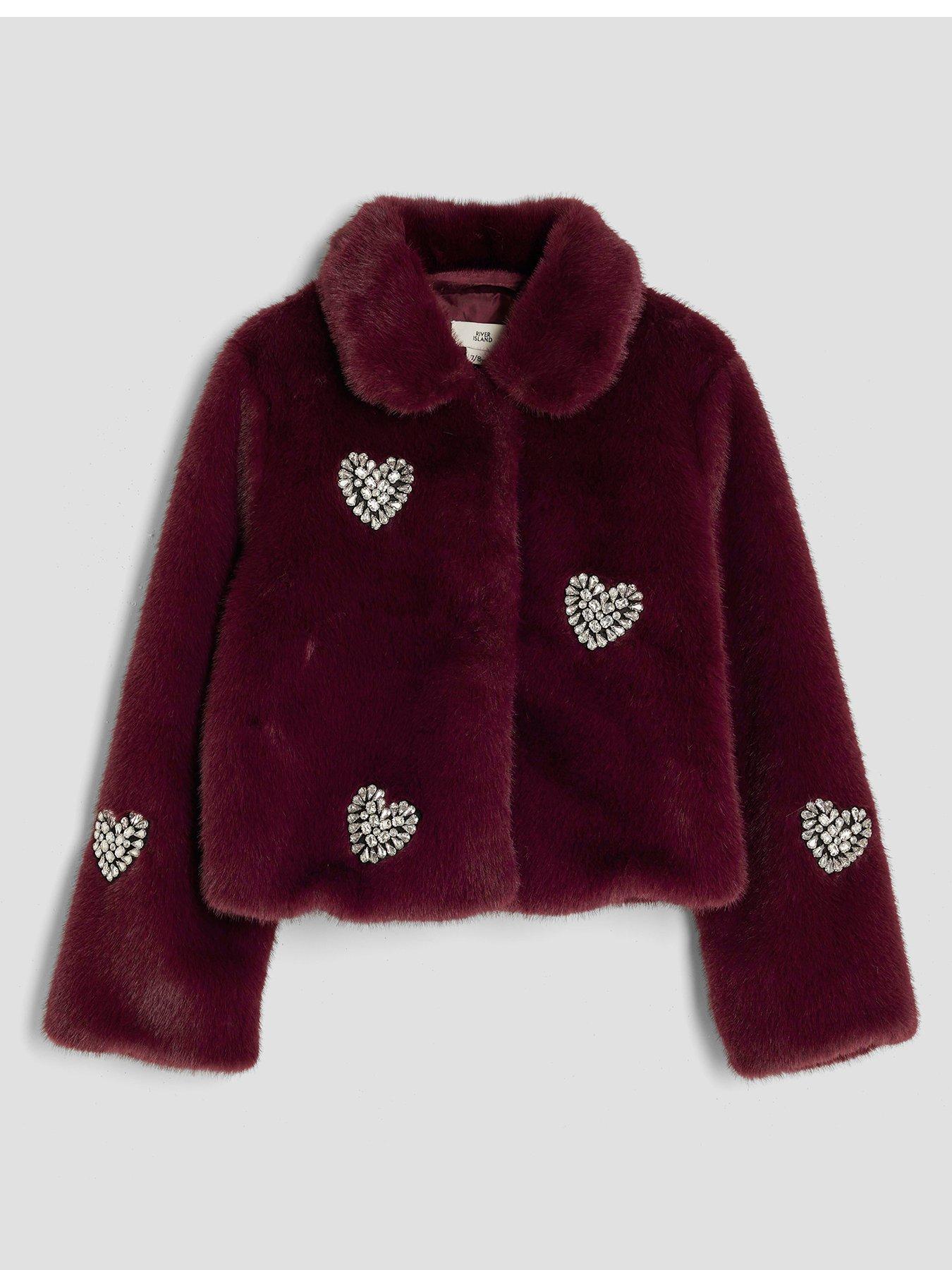Image 2 of 5 of River Island Older Girls Embellished Faux Fur Heart Jacket - Dark Red
