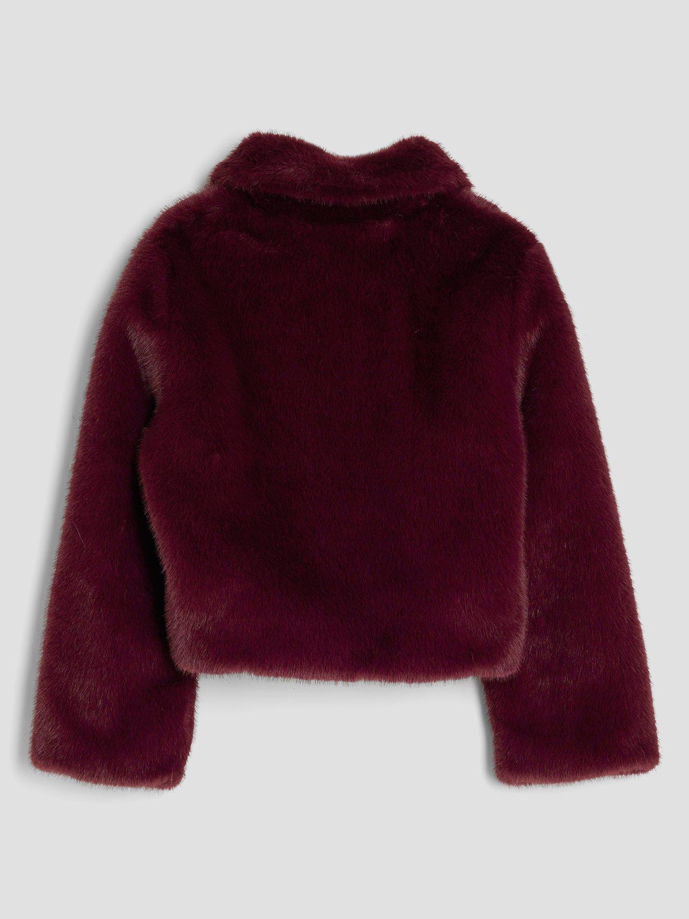 Image 3 of 5 of River Island Older Girls Embellished Faux Fur Heart Jacket - Dark Red