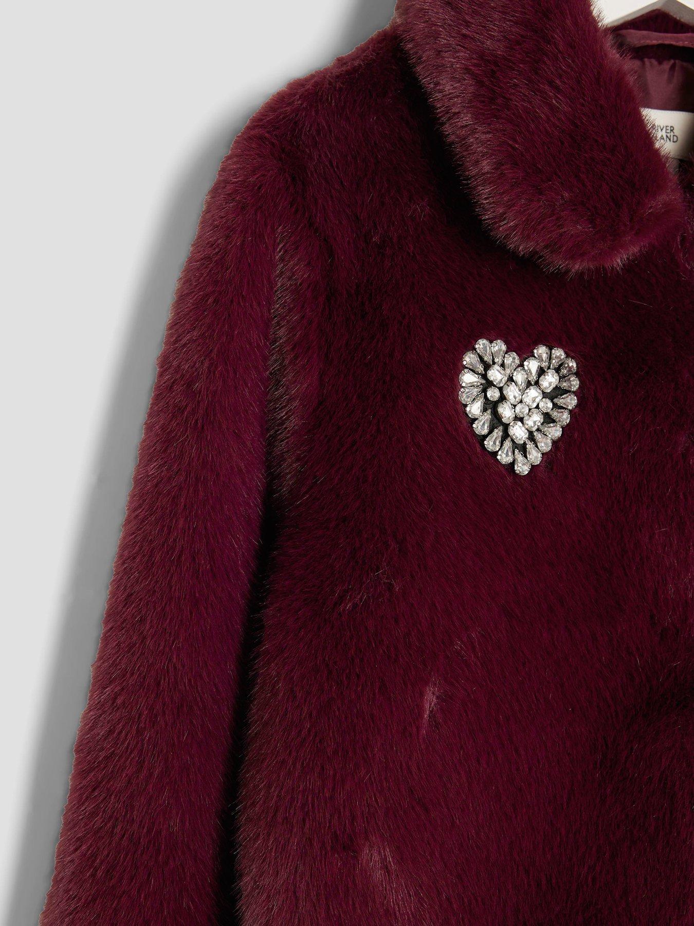 Image 4 of 5 of River Island Older Girls Embellished Faux Fur Heart Jacket - Dark Red