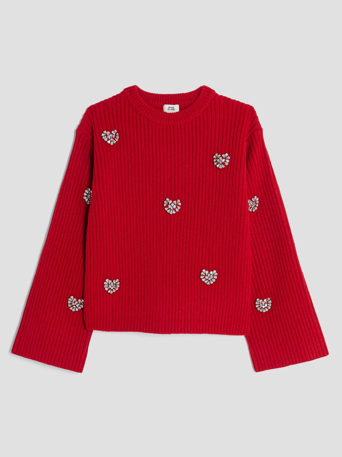front image of river-island-older-girls-embellished-heart-jumper-red