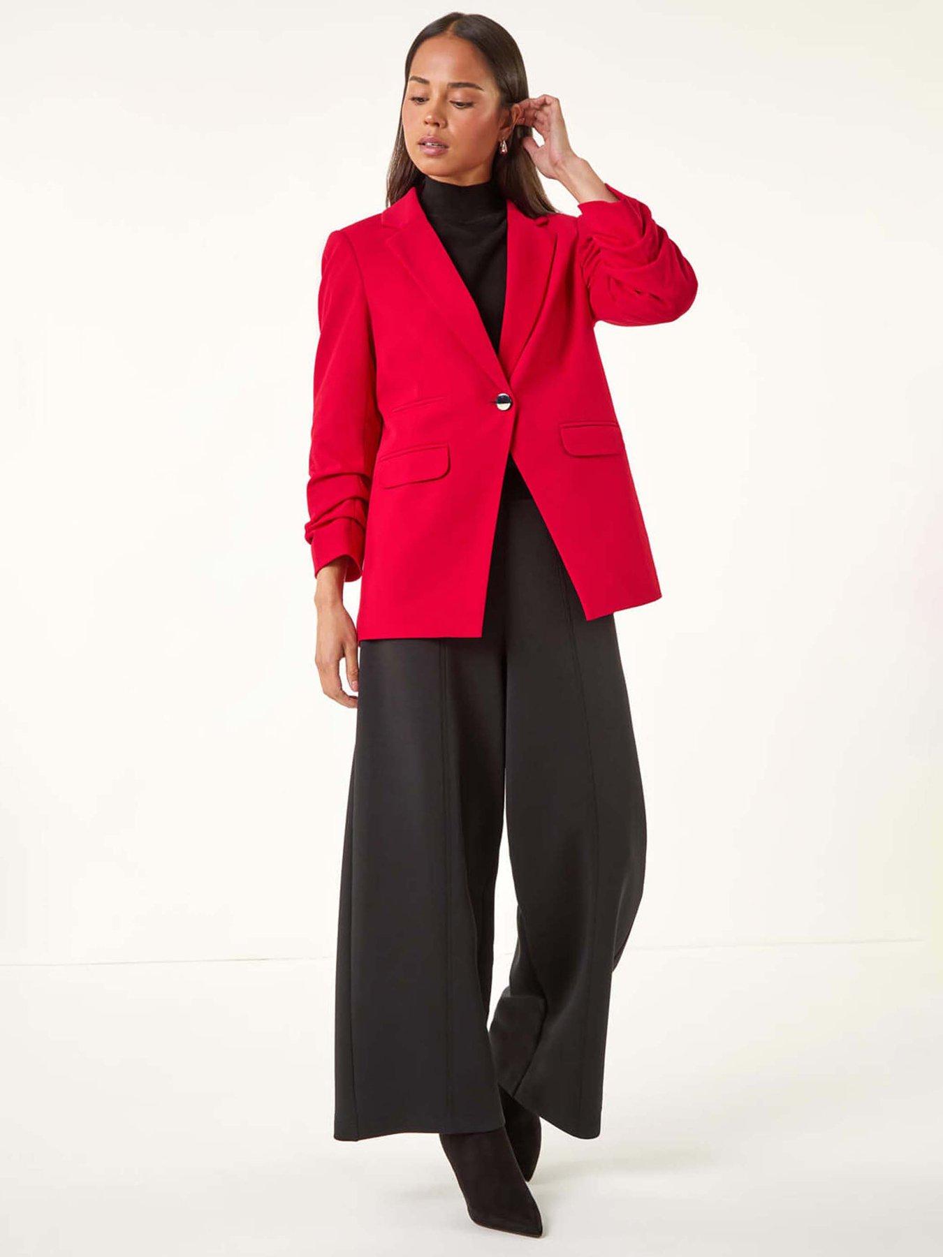 Image 3 of 5 of Roman Petite Ruched Buttoned Blazer - Red