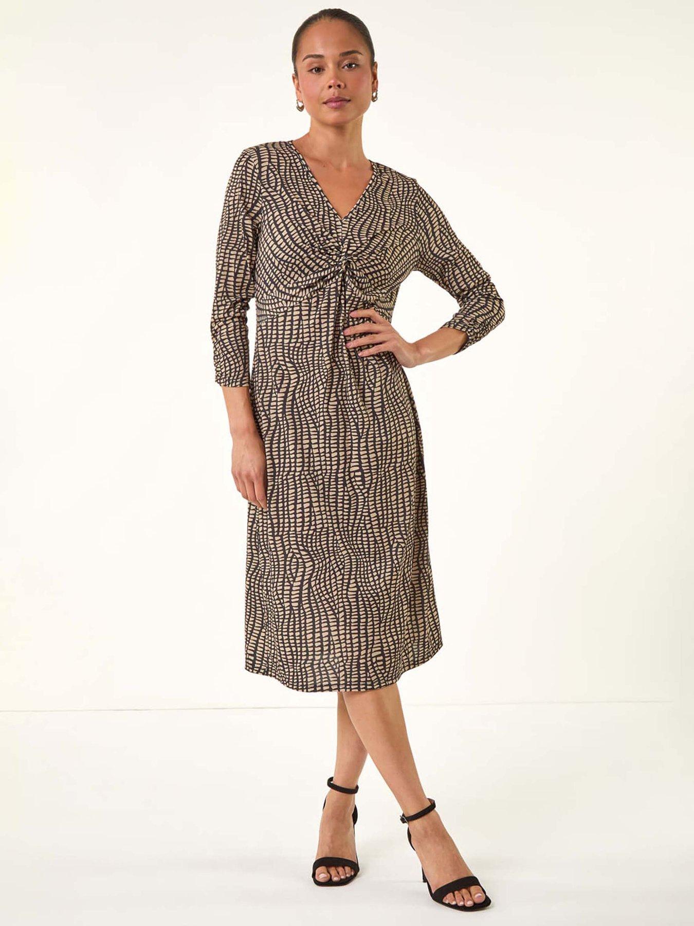 Image 1 of 5 of Roman Petite Abstract Twist Front Dress - Mocha