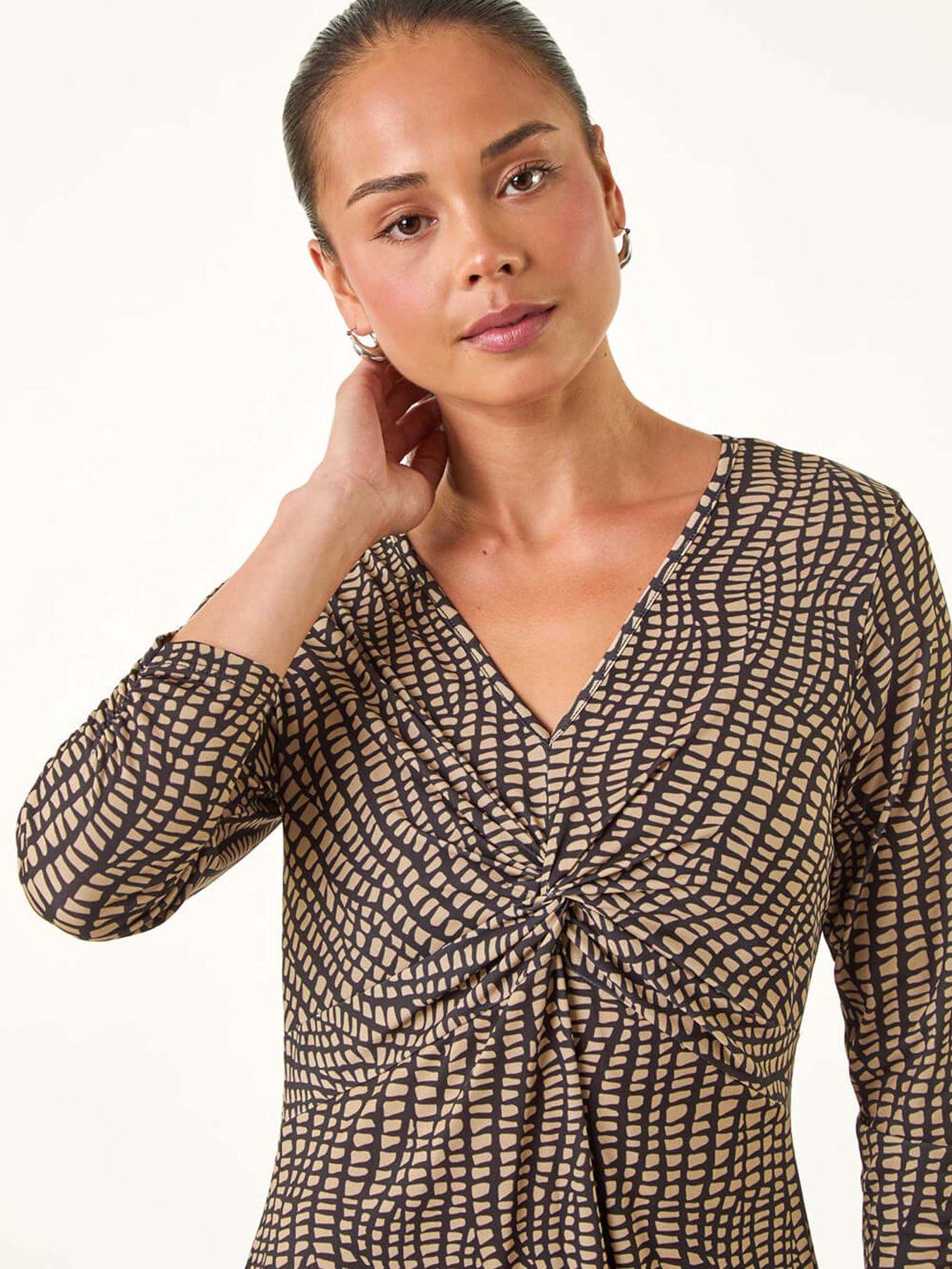 Image 4 of 5 of Roman Petite Abstract Twist Front Dress - Mocha