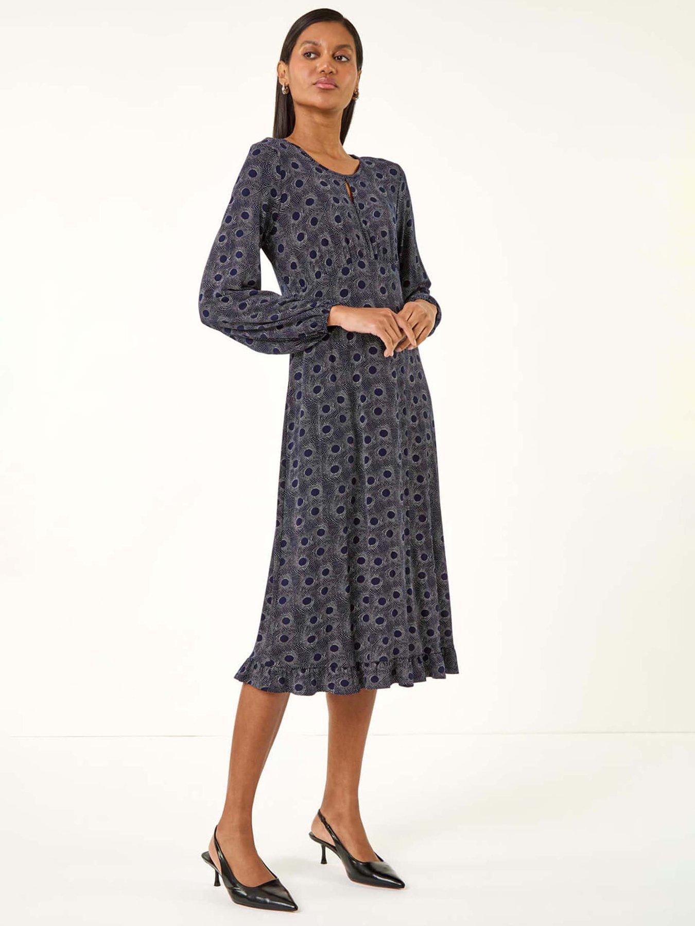 Image 1 of 5 of Roman Spot Print Keyhole Midi Dress - Navy