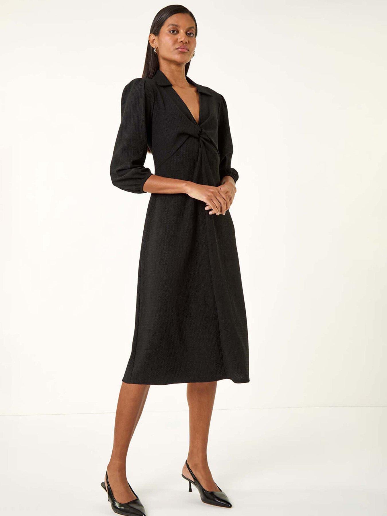 undefined Textured Collared Twist Front Dress - Black