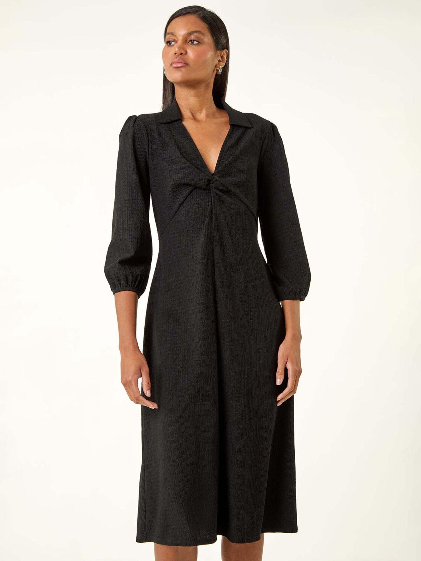 Image 3 of 5 of Roman Textured Collared Twist Front Dress - Black