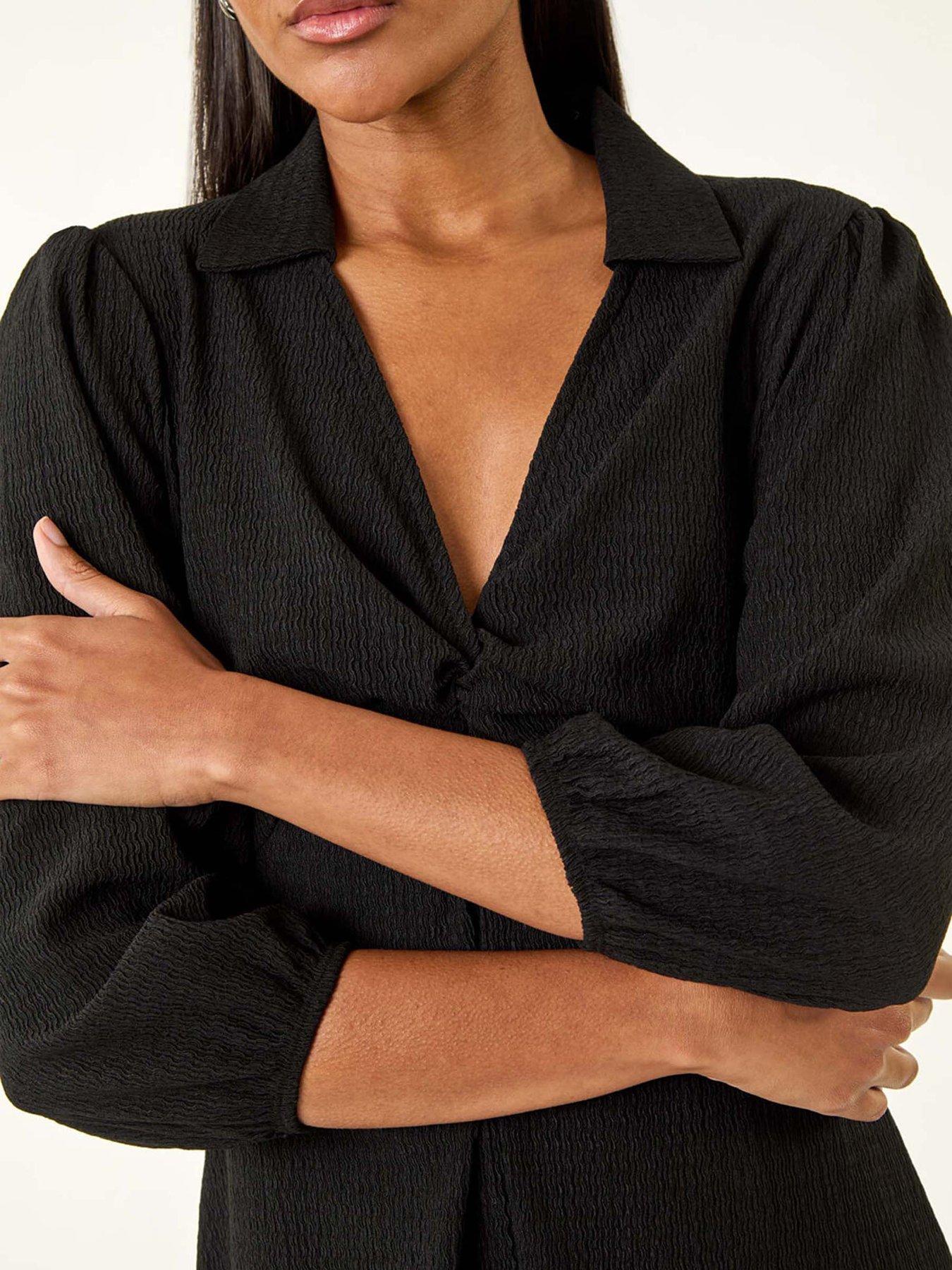 Image 5 of 5 of Roman Textured Collared Twist Front Dress - Black