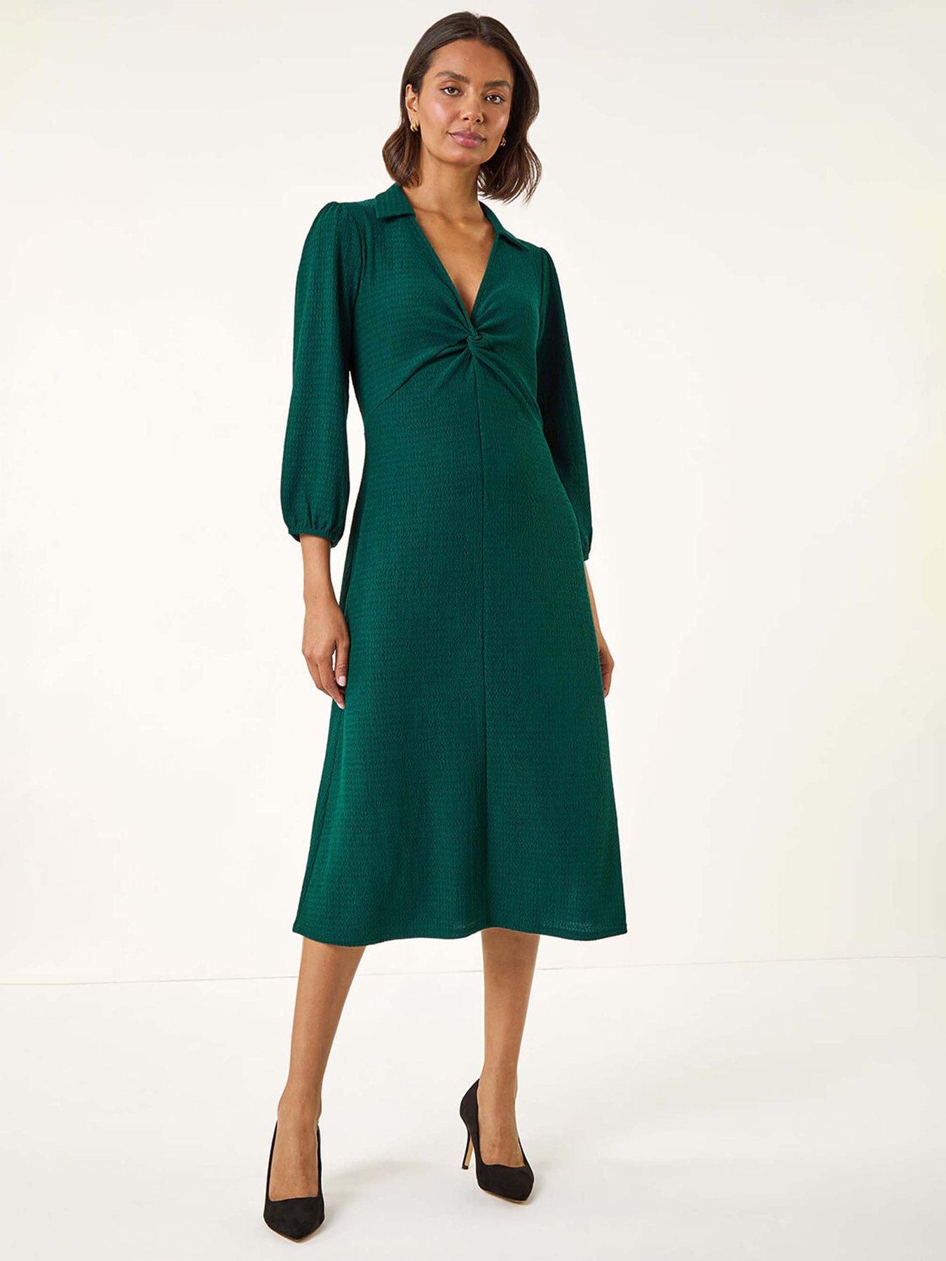undefined Textured Collared Twist Front Dress - Green