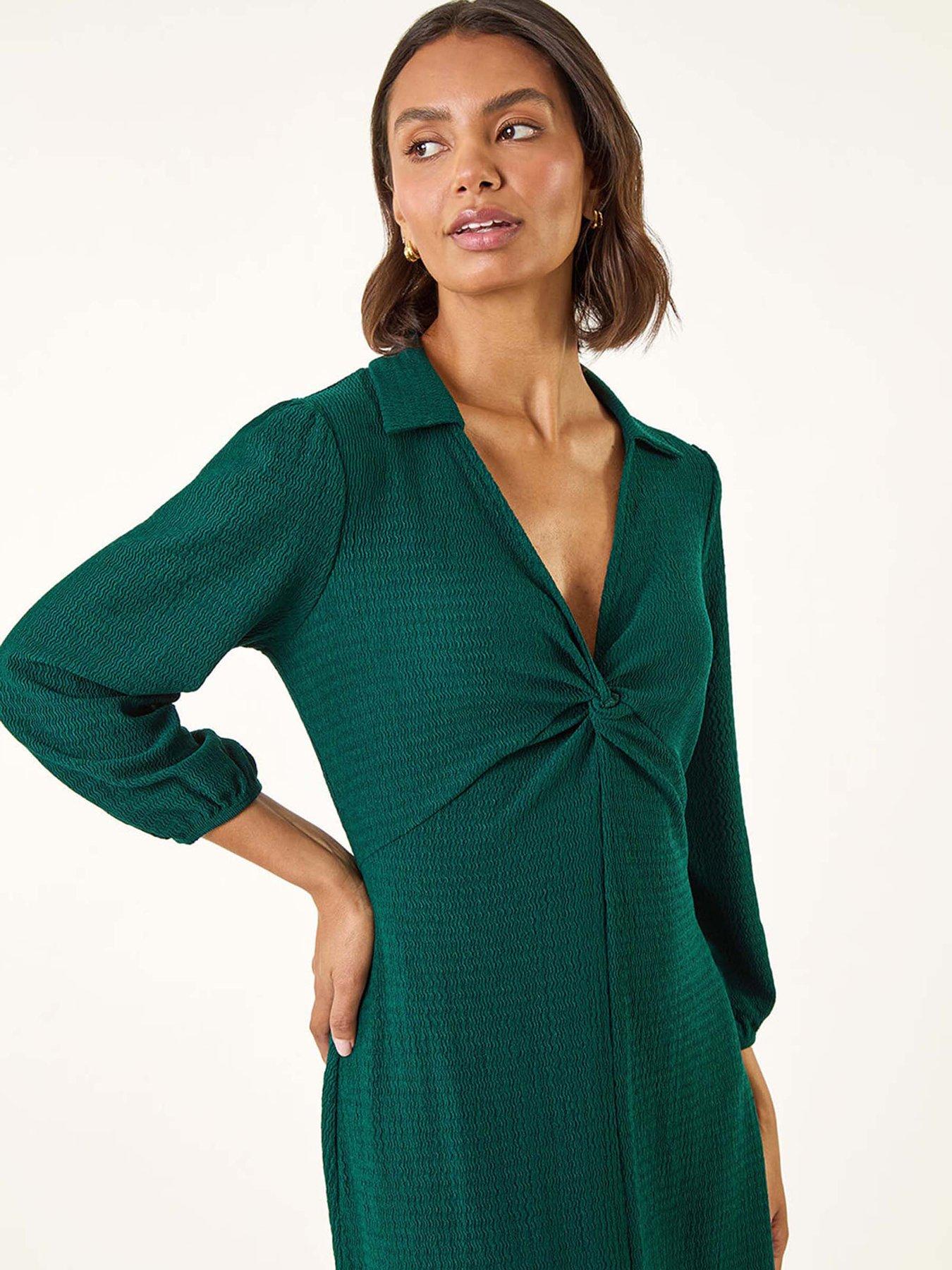 Image 4 of 5 of Roman Textured Collared Twist Front Dress - Green