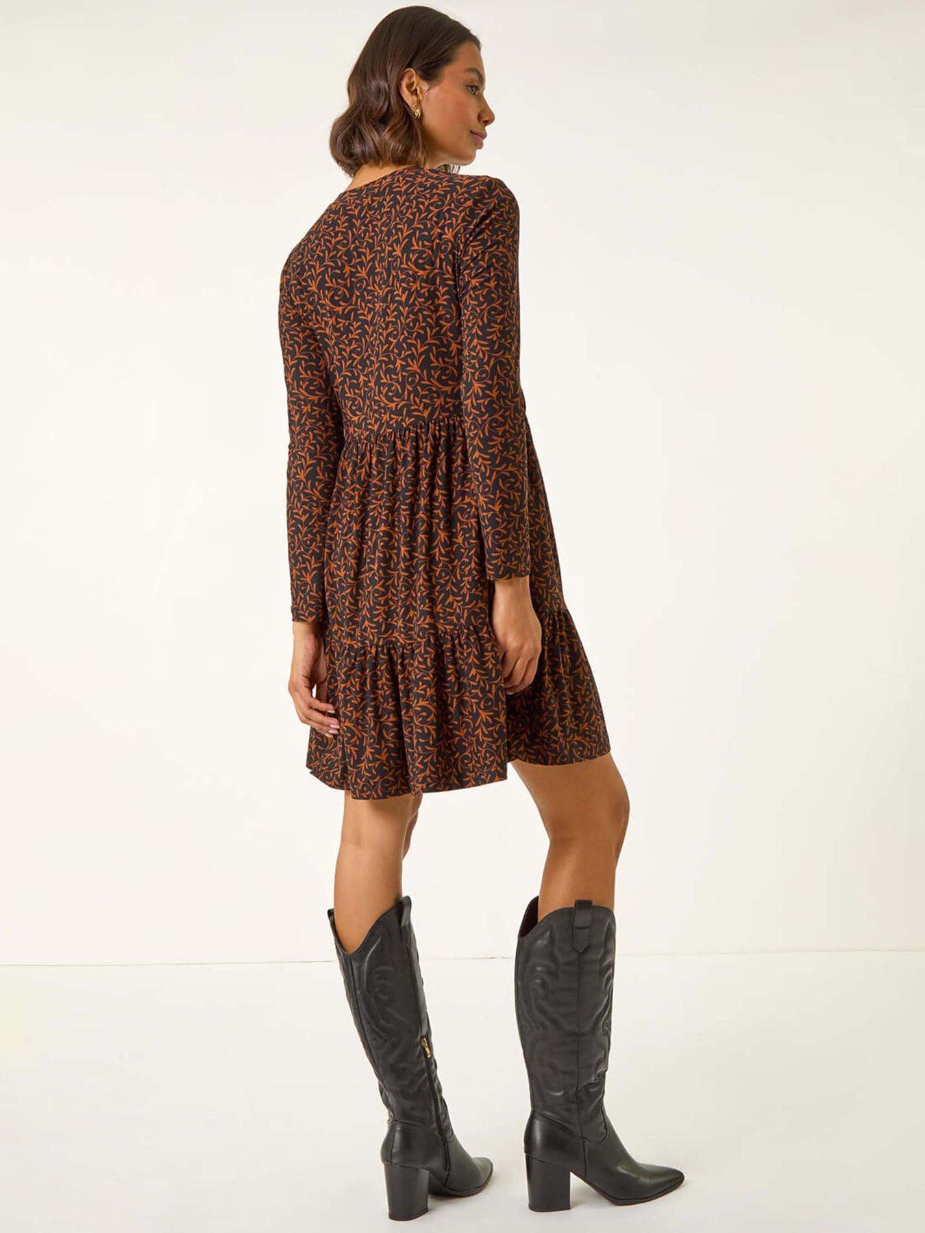 Image 2 of 5 of Roman Leaf Print Stretch Dress - Rust